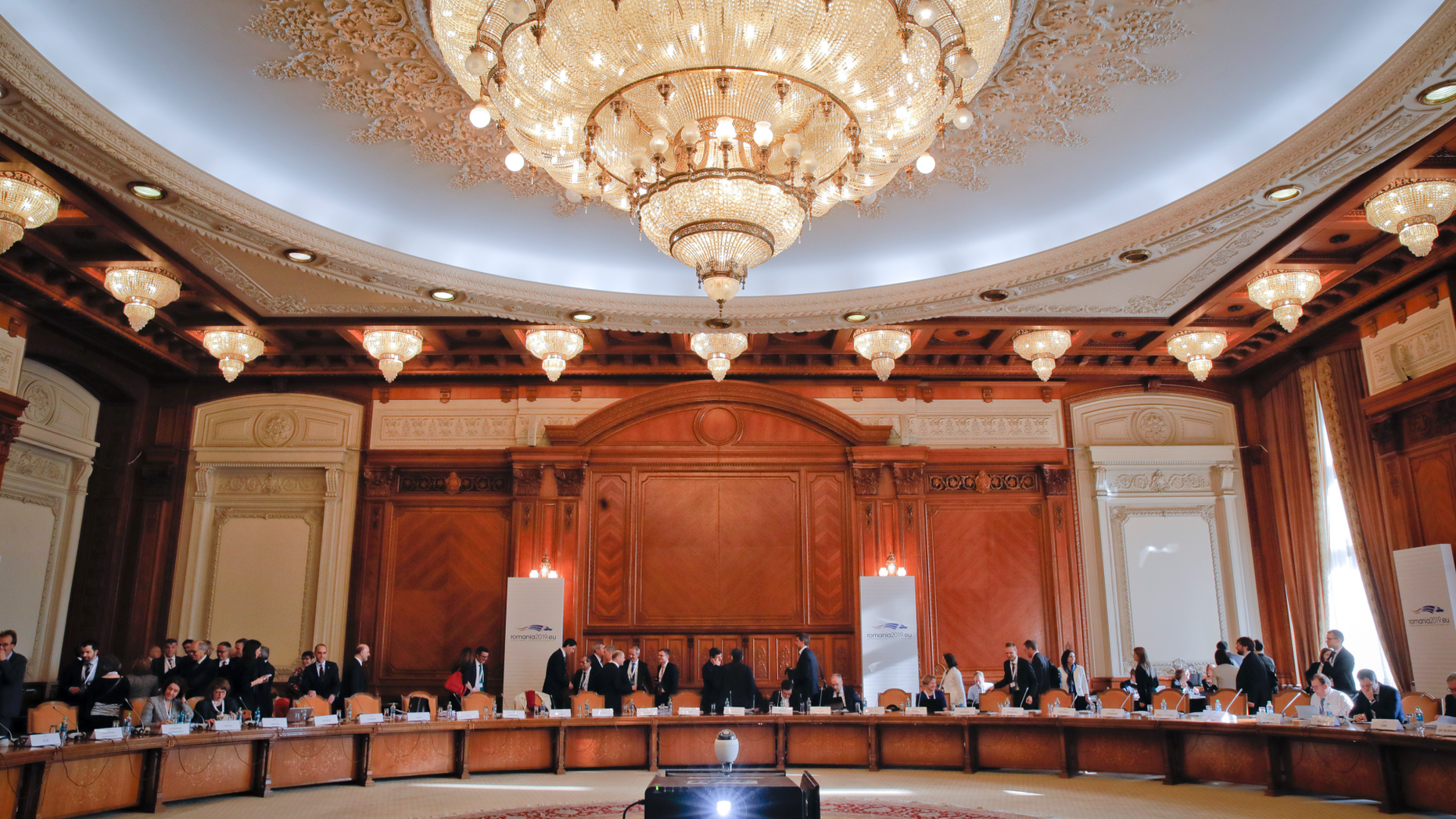 European Union Finance ministers prepare for a session at the informal meeting of European Union Economic Financial Affairs in Bucharest, Romania, Friday, April 5, 2019. (AP Photo/Vadim Ghirda)