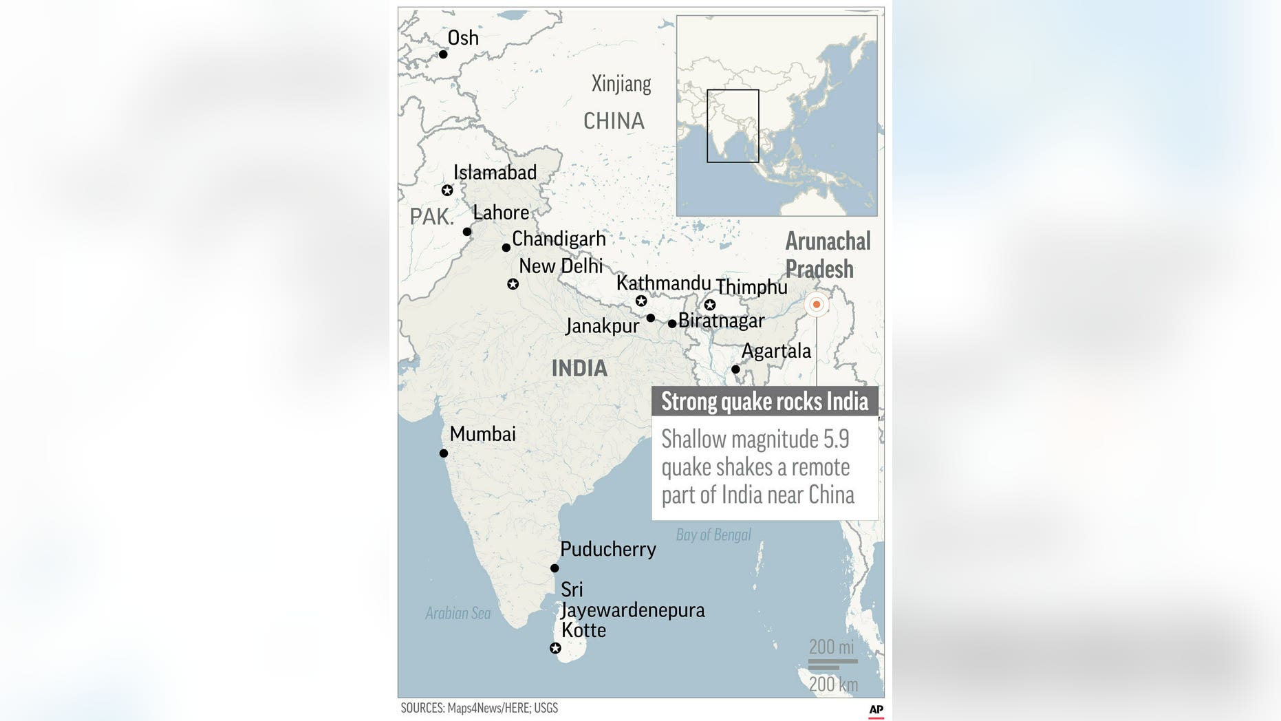 Map locates earthquake in Arunachal Pradesh, India;