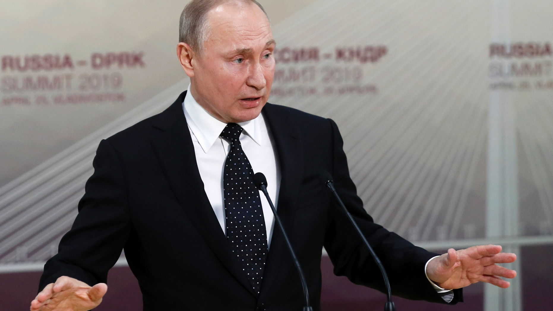 Russian President Vladimir Putin gestures while speaking to the media after his talks with North Korea's leader Kim Jong Un talk in Vladivostok, Russia, Thursday, April 25, 2019. President Vladimir Putin says after talks with North Korean leader Kim Jong Un that Pyongyang is ready to proceed toward denuclearization, but that it needs serious security guarantees to do so. (Sergei Ilnitsky/Pool Photo via AP)