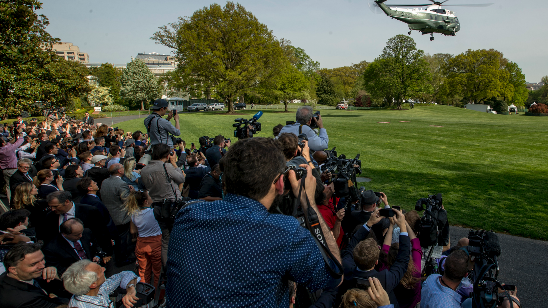 Marine One with President Donald Trump aboard, departs the South Lawn of the White House, Thursday, April 18, 2019, for a short trip to Andrews Air Force Base, Md. President Trump is traveling to his Mar-a-lago estate to spend the Easter weekend in Palm Beach, Fla. (AP Photo/Andrew Harnik)