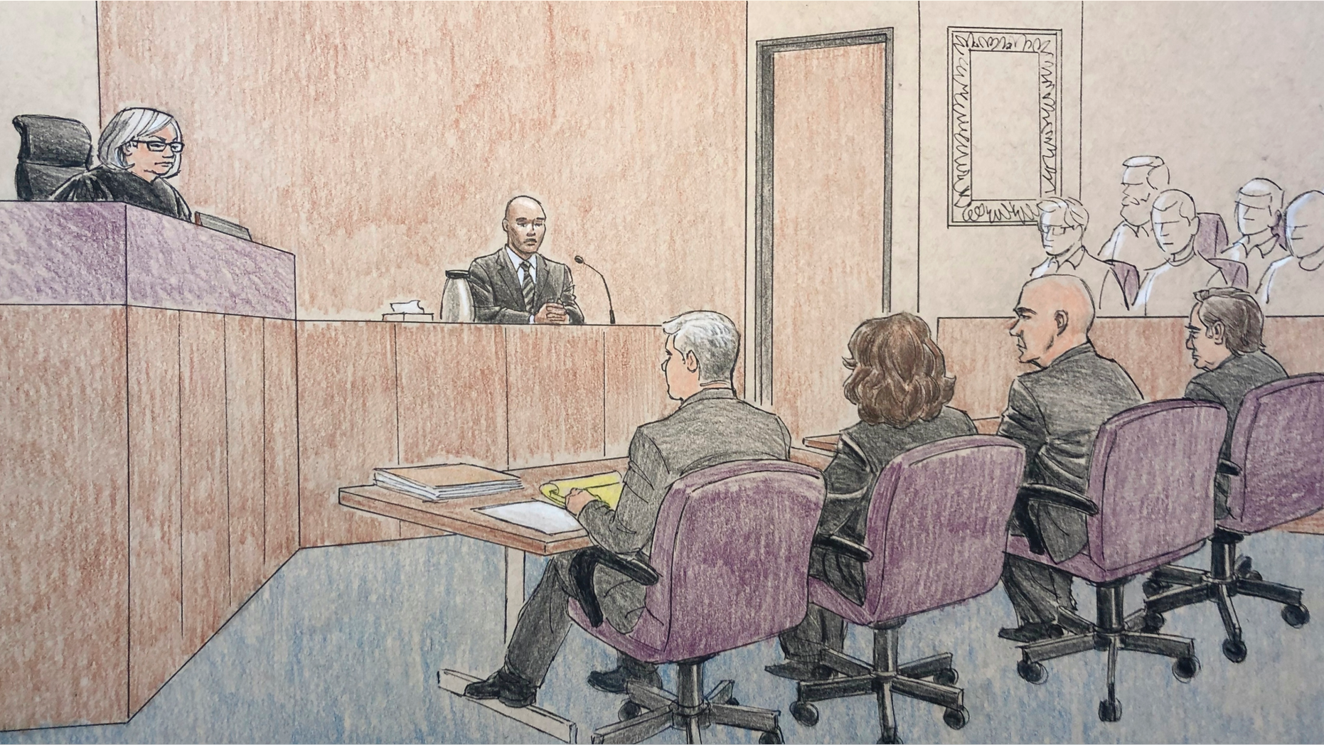 This courtroom sketch depicts former Minneapolis police officer Mohamed Noor, center, on the witness stand Thursday, April 25, 2019, in Minneapolis during his trial in the fatal shooting of an unarmed Australian woman, Justine Ruszczyk Damond, in July 2017 after she called 911 to report a possible sexual assault behind her home. Listening to Noor's testimony are from top left, Hennepin County District Judge Kathryn Quaintance, prosecutors Patrick Lofton, and Amy Sweasy, defense attorneys Thomas Plunkett and Peter Wold. (Cedric Hohnstadt via AP)