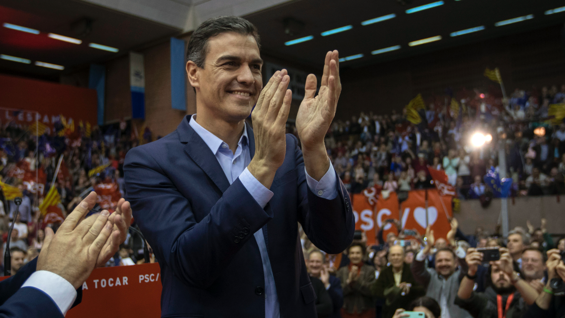 Spanish Prime Minister and Socialist Party candidate Pedro Sanchez applauds to supporters during an election campaign event in Barcelona, Spain, Thursday, April 25, 2019. Spain is preparing to hold its third parliamentary election in less than four years. But even though the exercise is familiar, uncertainty surrounds the election's outcome. Polls indicate a substantial share of voters, about one-third, hadn't decided by the final week of campaigning how they would mark their ballots on Sunday. (AP Photo/Emilio Morenatti)