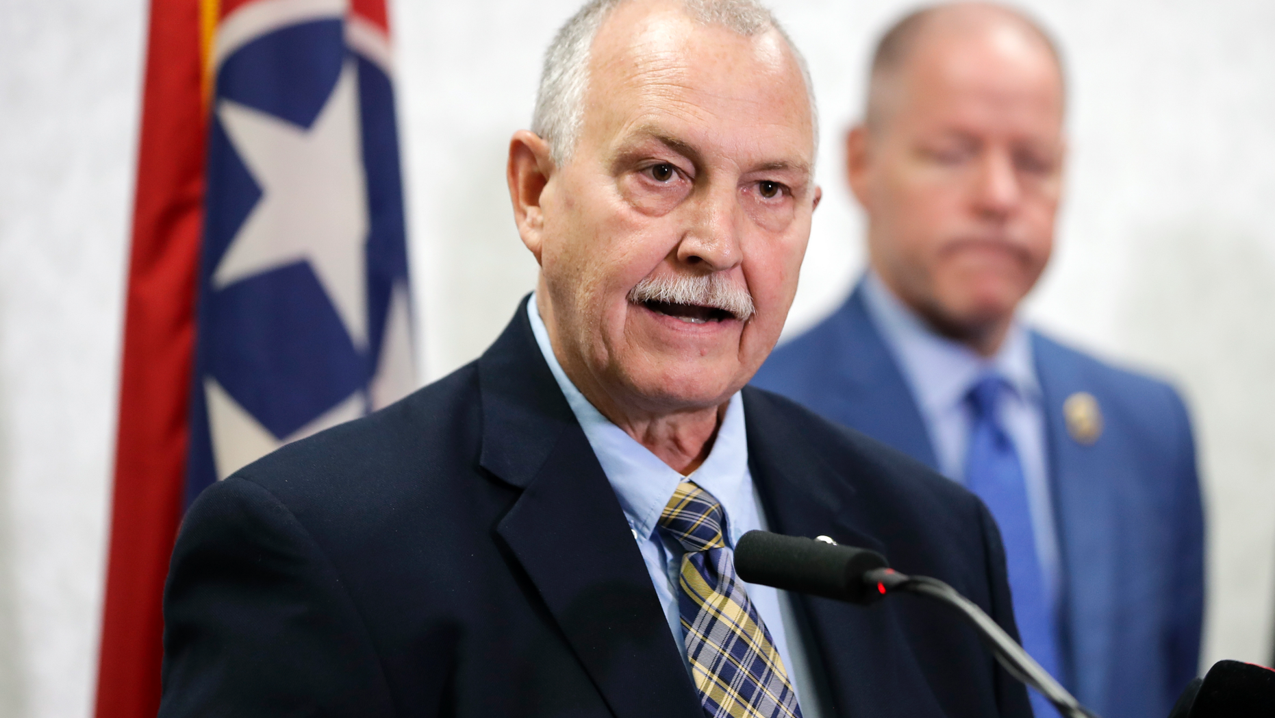 Sumner County Sheriff Sonny Weatherford speaks at a news conference at the Tennessee Bureau of Investigation Monday, April 29, 2019, in Nashville, Tenn., regarding the killing of seven people in rural Tennessee Saturday, April 27. Officials say the people killed in two homes include the parents of the suspect, 25-year-old Michael Cummins. (AP Photo/Mark Humphrey)