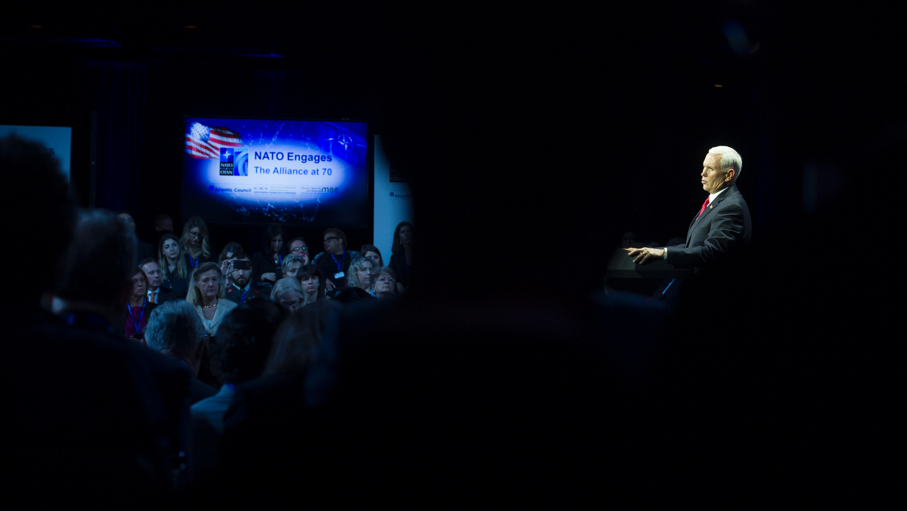 Vice President Mike Pence addresses the Atlantic Council's "NATO Engages The Alliance at 70" conference, in Washington, Wednesday, April 3, 2019. (AP Photo/Cliff Owen)