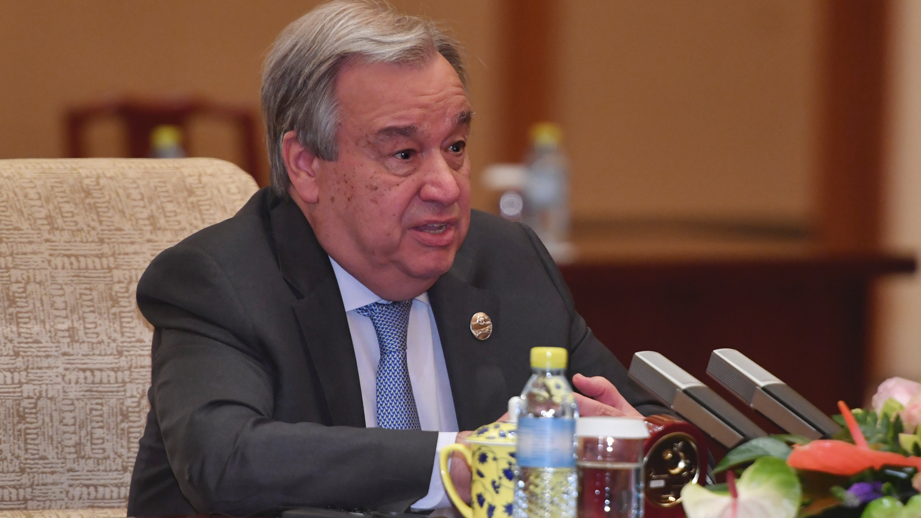 Secretary-General of the United Nations Antonio Guterres speaks with Chinese Premier Li Keqiang, not pictured, during their meeting at the Diaoyutai State Guesthouse, Friday, April 26, 2019, in Beijing. (Parker Song/Pool Photo via AP)