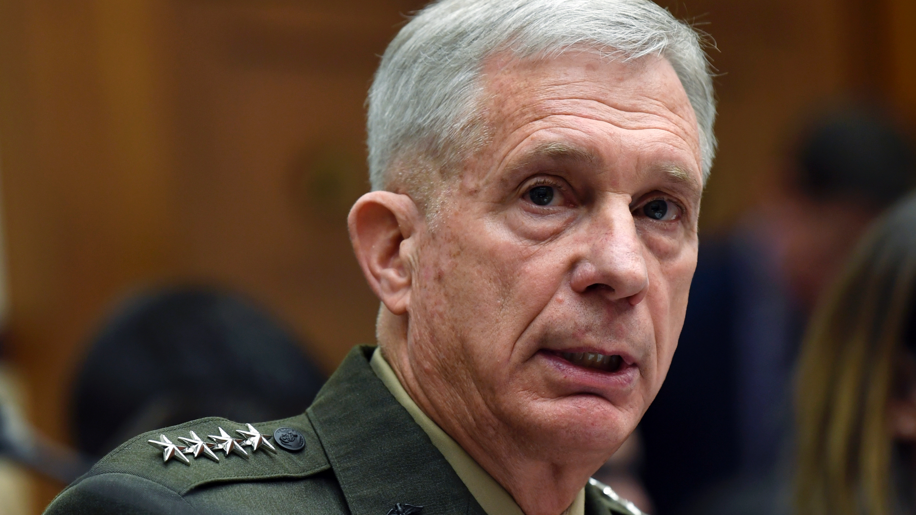 FILE - In this March 7, 2019 file photo, U.S. Africa Command Commander Gen. Thomas Waldhauser testifies before the House Armed Services Committee on Capitol Hill in Washington. U.S. Africa Command says new information shows a woman and a child were killed in a U.S. airstrike that was targeting al-Shabab insurgents in Somalia last year. The information released Friday contradicts military insistence last month no civilians had been killed in Somalia strikes since 2017, despite a human rights group’s claims casualties had occurred. (AP Photo/Susan Walsh)