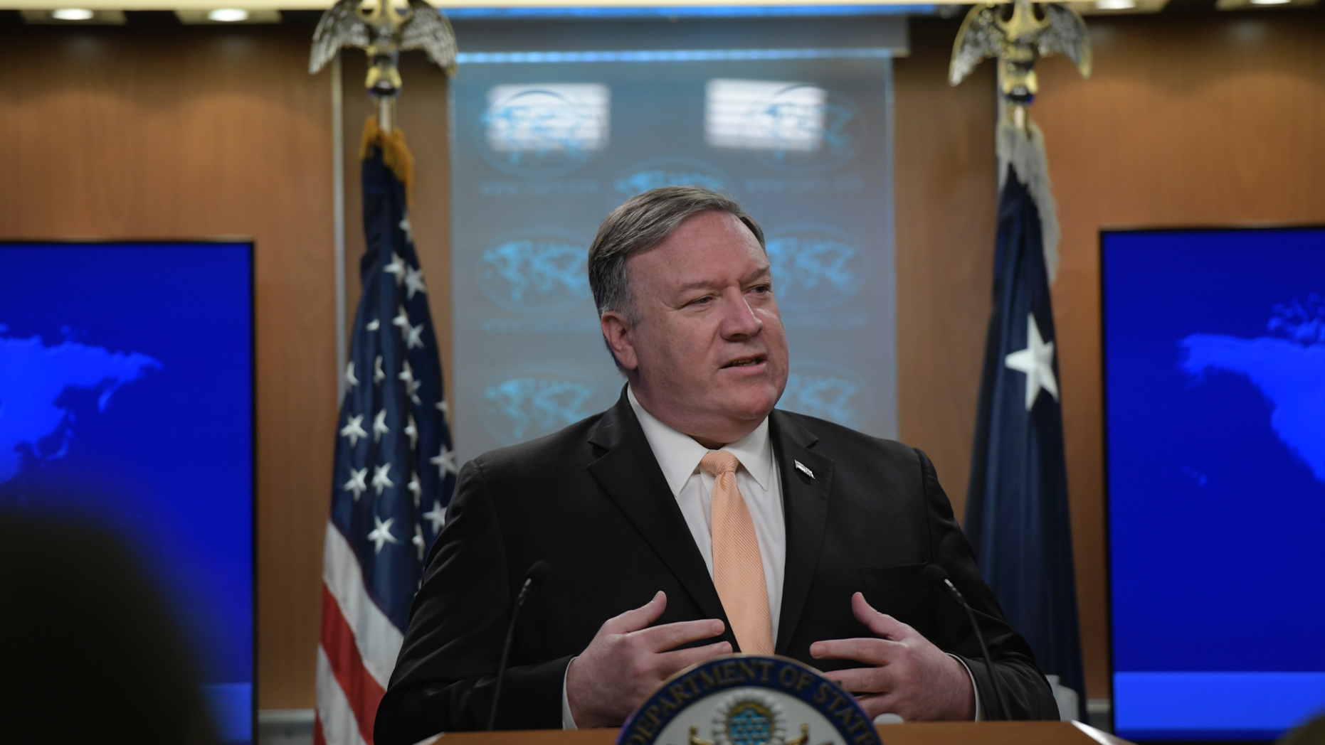 Secretary of State Mike Pompeo speaks during a news conference on Monday, April 22, 2019, at the Department of State in Washington. (AP Photo/Sait Serkan Gurbuz)