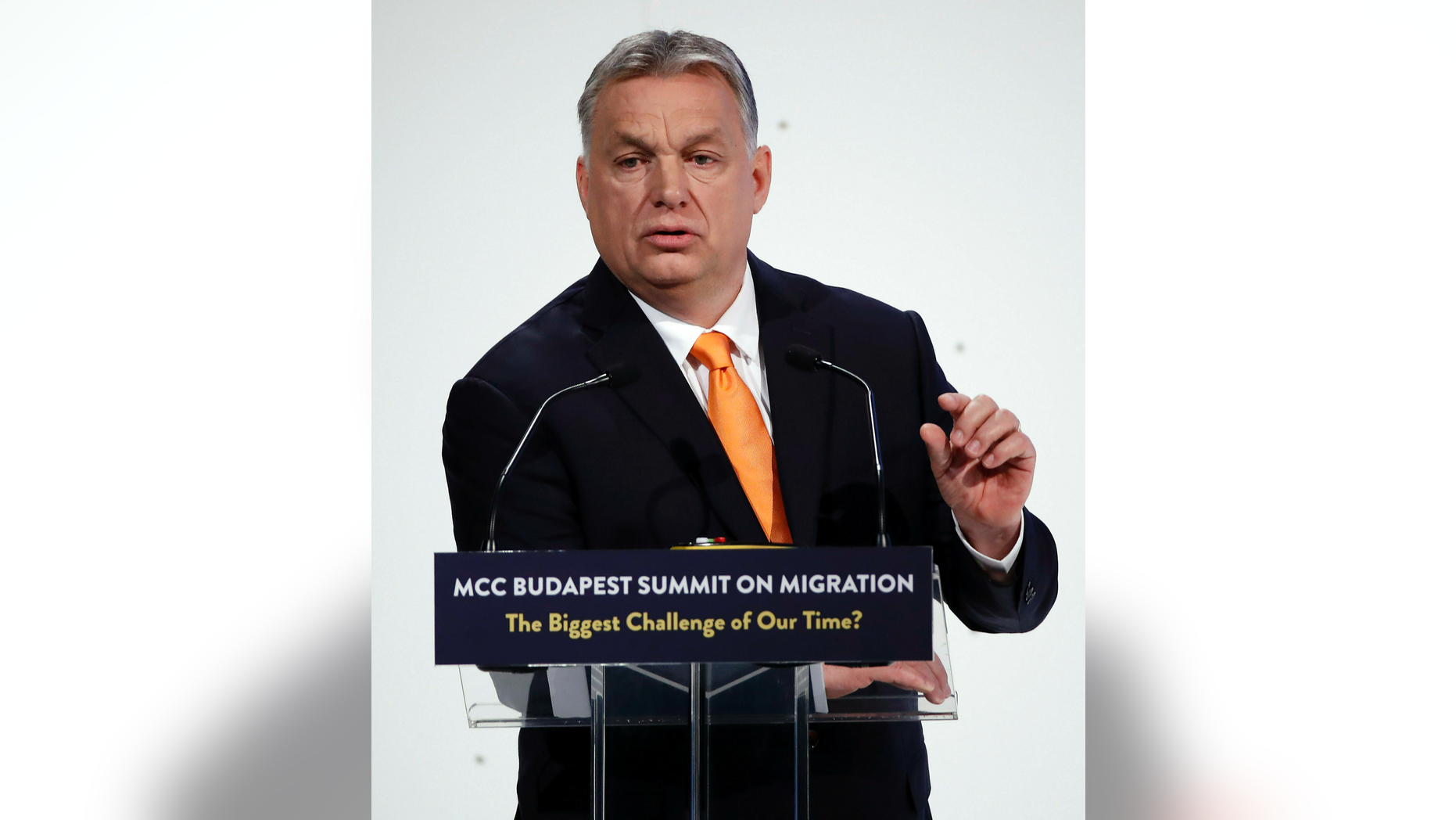 Hungarian Prime Minister Viktor Orban delivers his speech during the MCC Budapest Summit on Migration titled 'The Biggest Challenge of Our Time?' organized by the Mathias Corvinus Collegium (MCC) in Varkert Bazaar in Budapest, Hungary, Saturday, March 23, 2019. Hungary hosts the global migration conference attended by many experts, decision-makers and diplomats in the field from around the world from March 22 to 24. (Tibor Illyes/MTI via AP)