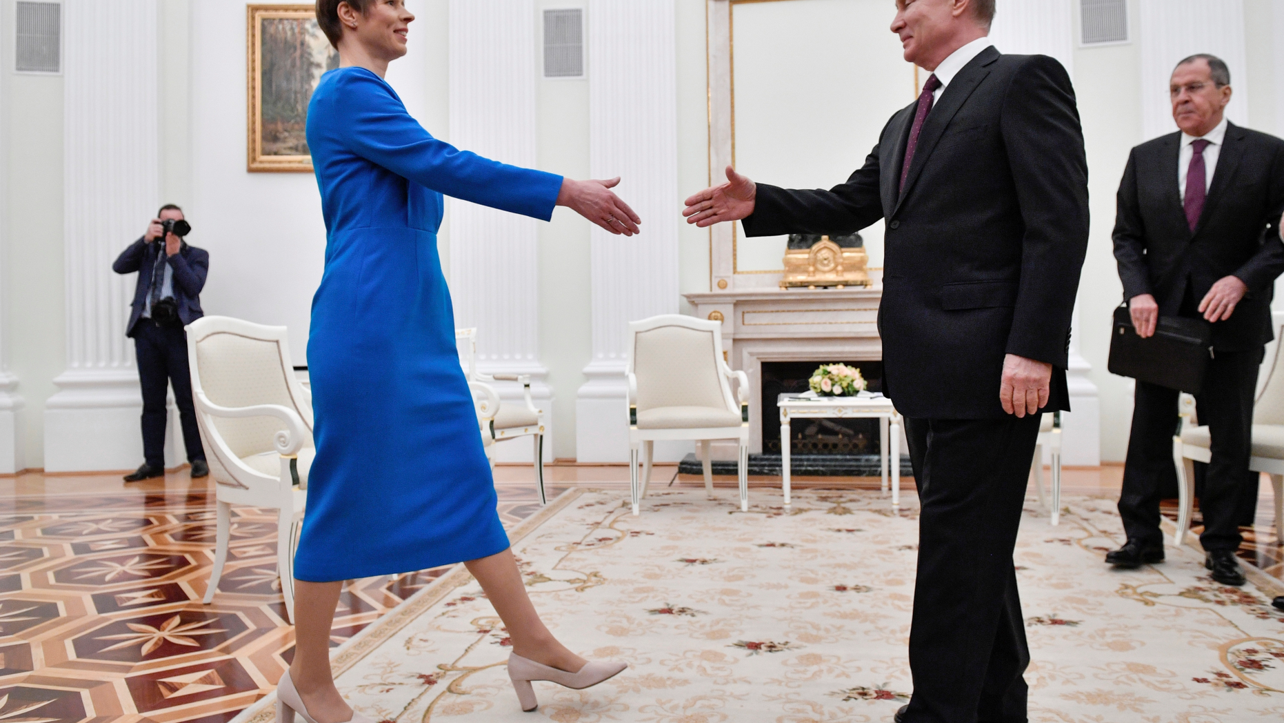 Russian President Vladimir Putin, right, greets Estonia's President Kersti Kaljulaid at the Kremlin in Moscow, Russia, Thursday, April 18, 2019. (Alexander Nemenov/Pool Photo via AP)