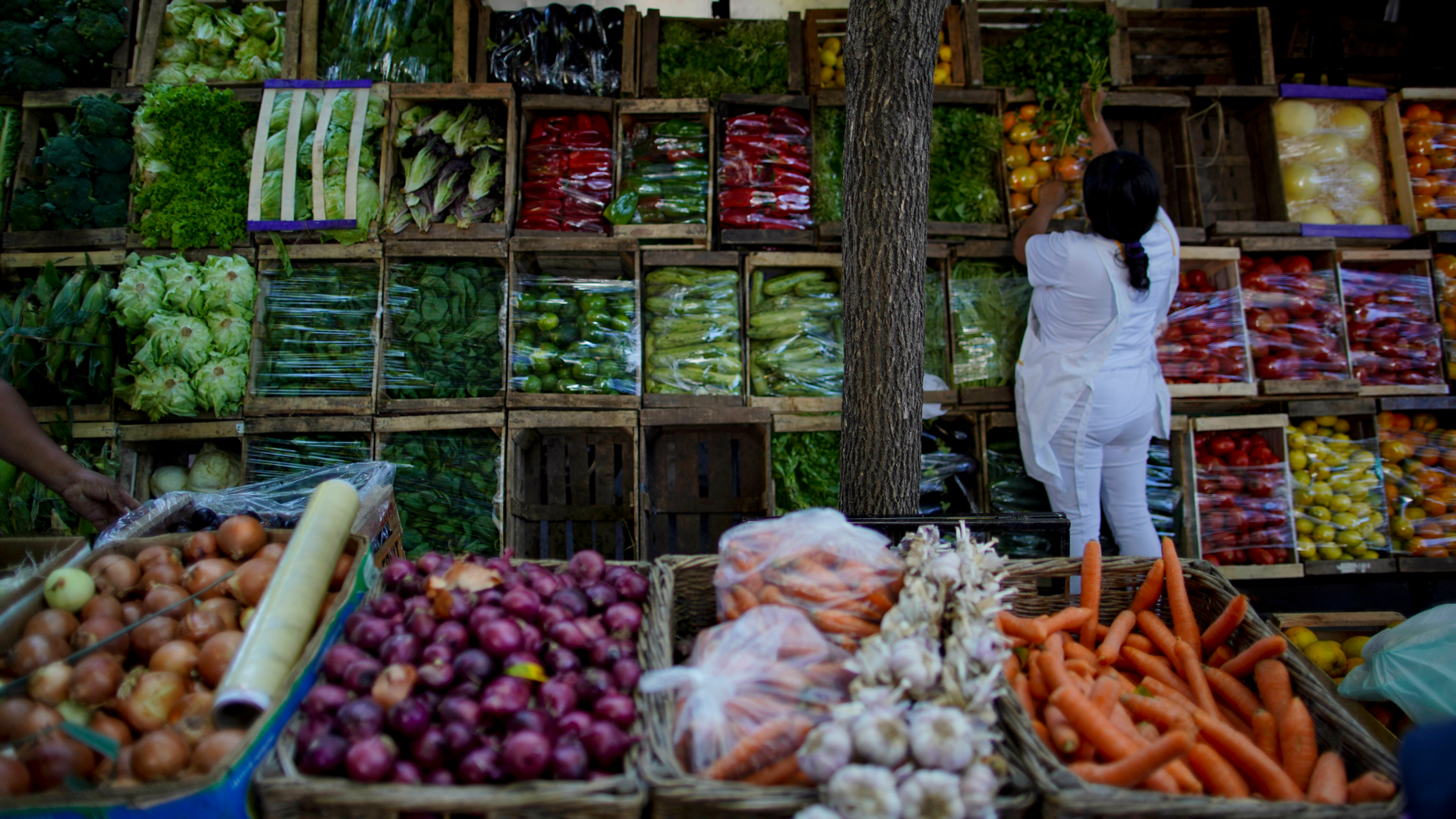 A array of fruits and vegetables are displayed for sale at a street market in Buenos Aires, Argentina, Tuesday, April 16, 2019.  (AP Photo/Natacha Pisarenko)