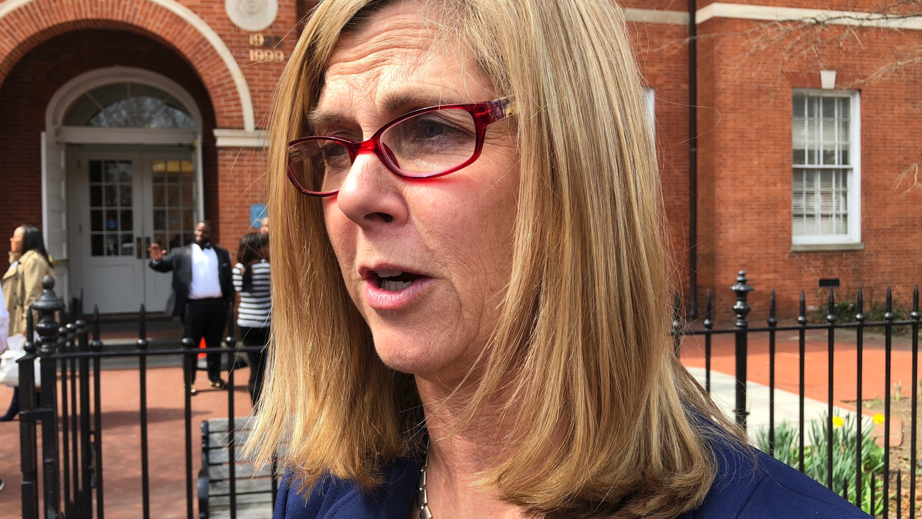 Anne Arundel County State’s Attorney Anne Colt Leitess talks to reporters on Thursday, April, 4, 2019 in Annapolis, Md., after a judge delayed the trial of a man charged with killing five people at the Capital Gazette newsroom from June to November. (AP Photo/Brian Witte)