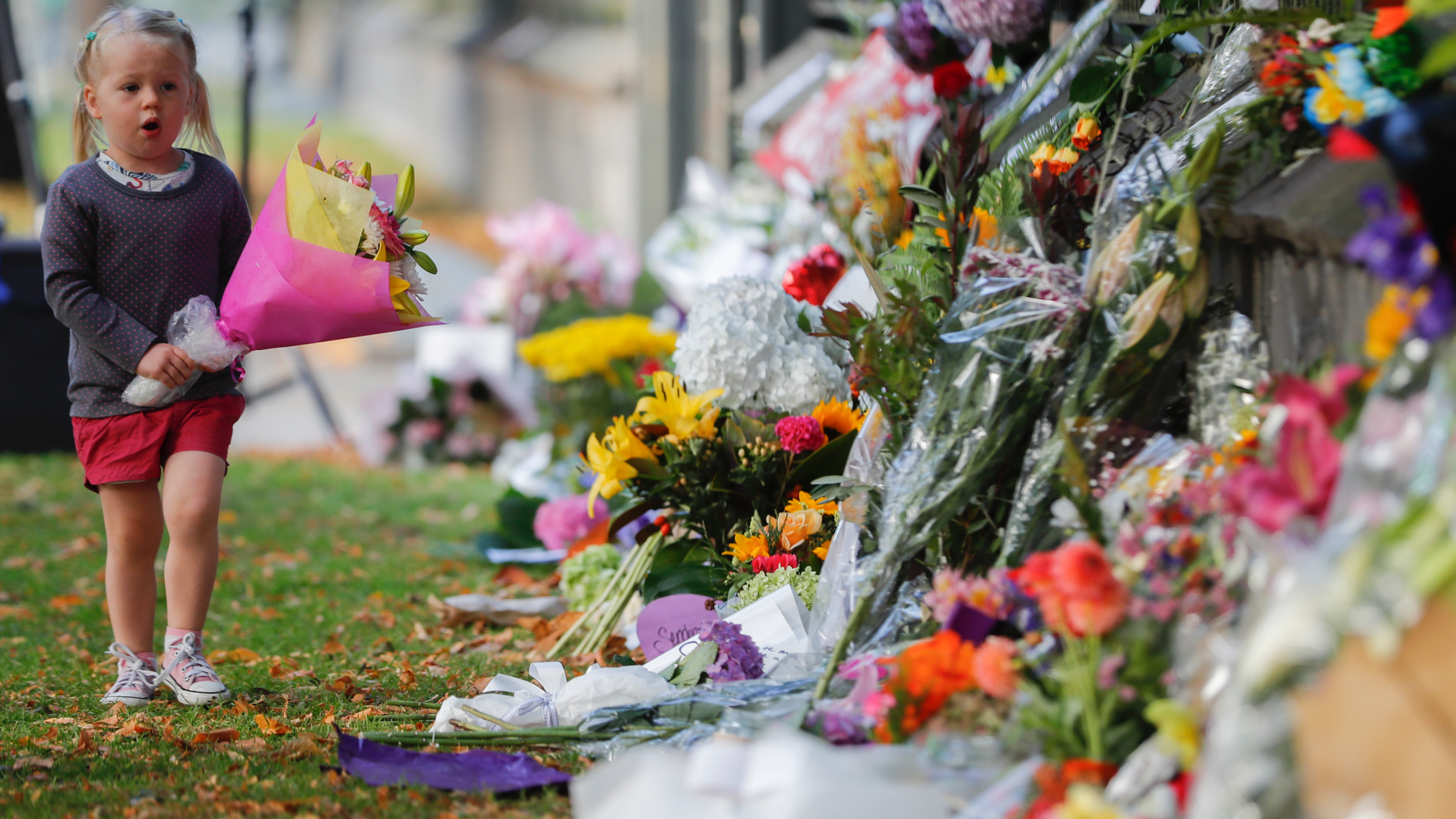 FILE - In this March 17, 2019, file photo, a girl carries flowers to a memorial wall following the mosque shootings in Christchurch, New Zealand. New Zealand's parliament on Wednesday passed sweeping gun laws which outlaw military-style weapons, less than a month after the nation's worst mass shooting left 50 dead and 39 wounded in two mosques in the South Island city of Christchurch. (AP Photo/Vincent Thian, File)