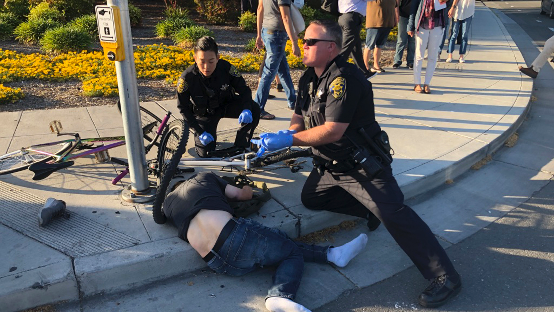 In this photo taken Tuesday, April 23, 2019, provided by Don Draper, a victim of a car crash is offered assistance from police in Sunnyvale, Calif. Draper, a witness to the crash that injured several people, said he was waiting for the light to turn green when a Toyota Corolla plowed through the intersection at high speed. (Don Draper via AP)