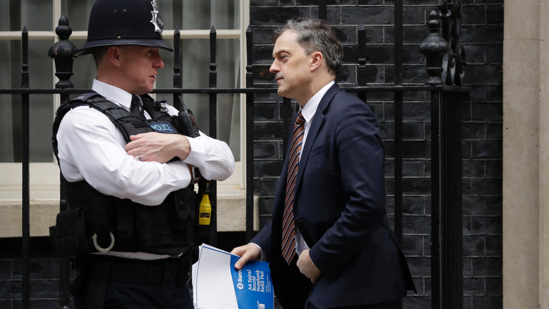 Britain's Chief Whip Julian Smith leaves 10 Downing Street, London, Thursday, March 28, 2019. The British government says it plans to hold a new Brexit debate in Parliament Friday, but hasn't confirmed whether it will call a third vote on its twice-rejected European Union divorce deal. (AP Photo/Matt Dunham)