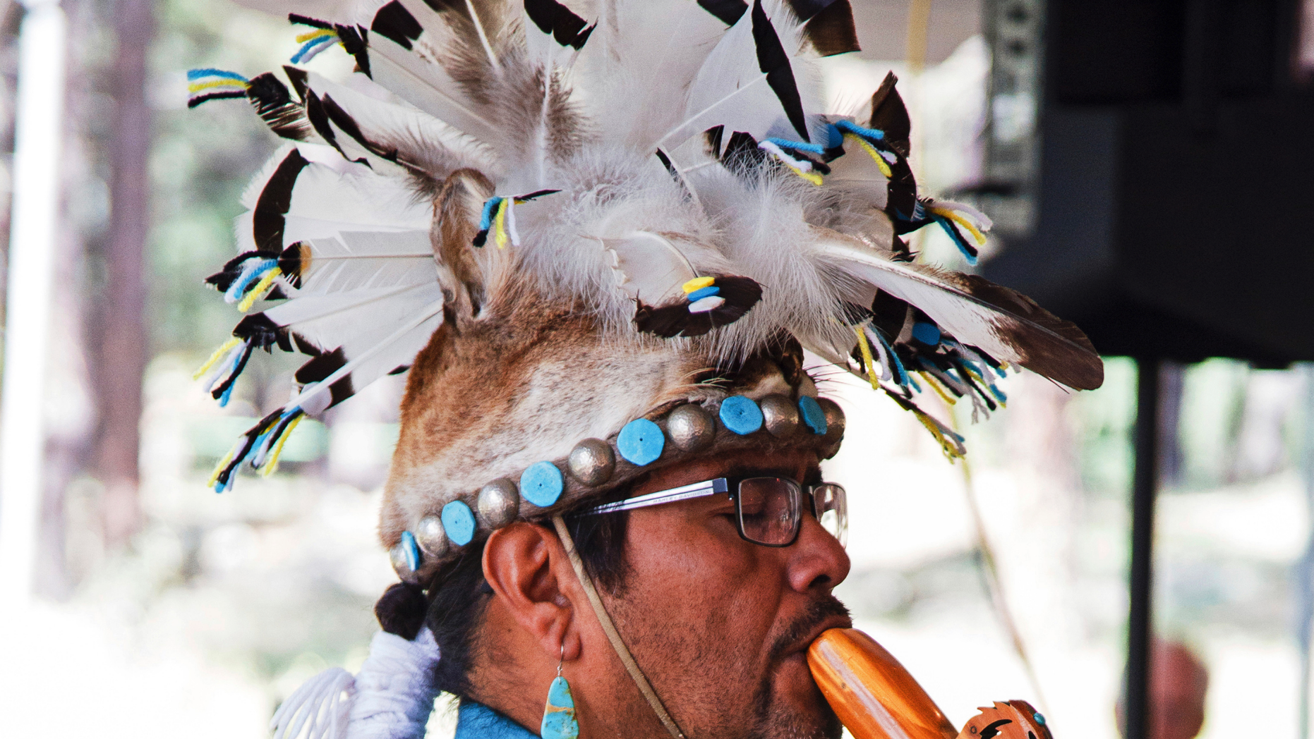 This 2017 photo provided by the Museum of Northern Arizona shows an unidentified man wearing a headpiece fashioned out of an animal hide at the Navajo Festival of Arts and Culture in Flagstaff, Ariz. The hide did not come from a state wildlife repository, but the photo shows how Native Americans use animal parts for religious and cultural purposes. Arizona wildlife officials are on the lookout for bear, bison, badger and other carcasses for Native Americans' religious and cultural use under a unique new program that allows tribes to make requests for various animal parts. (Ryan Williams/Museum of Northern Arizona via AP)