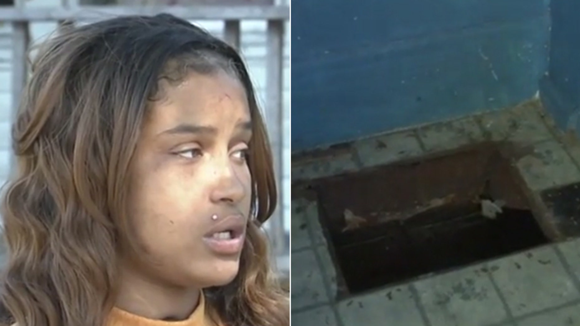 Dasiah Jordan, left, and the hole her daughter fell into last year.