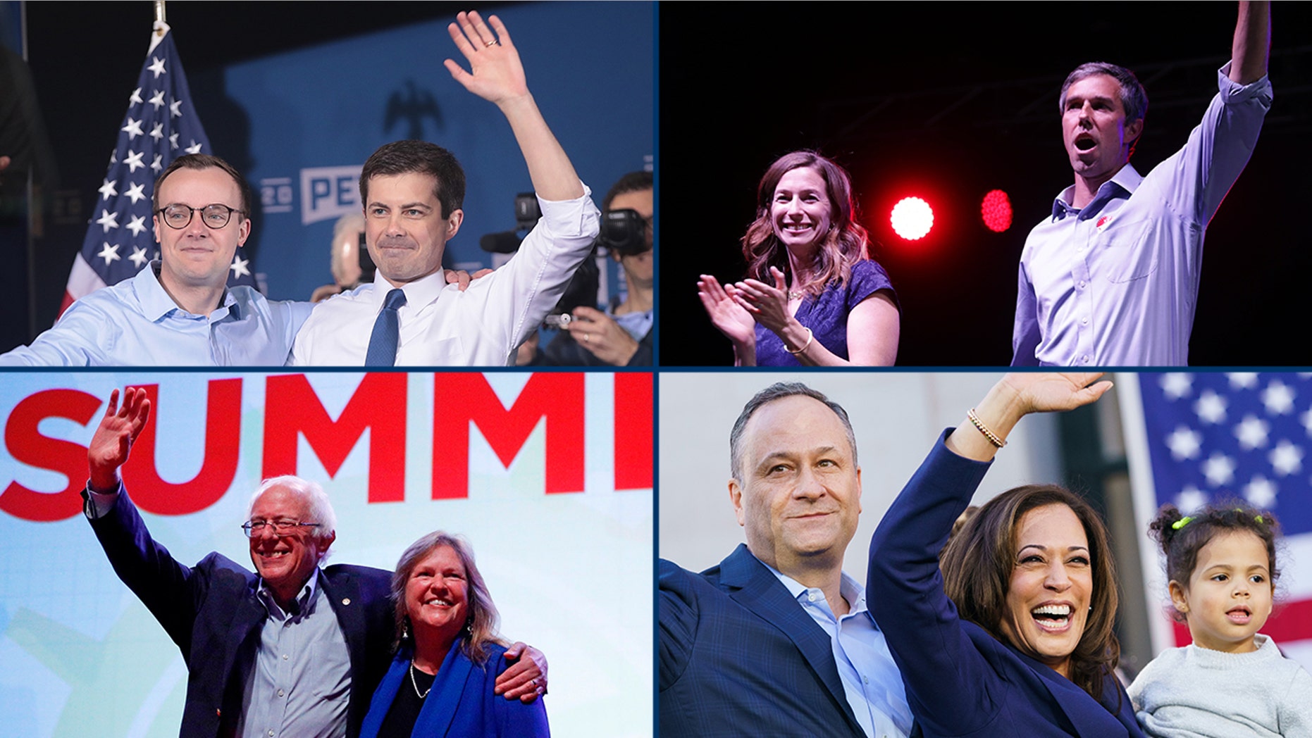 From upper left, clockwise: 2020 couples Pete and Chasten Buttigieg, Beto and Amy O'Rourke, Kamala Harris and Doug Emhoff, and Bernie and Jane O'Meara Sanders.