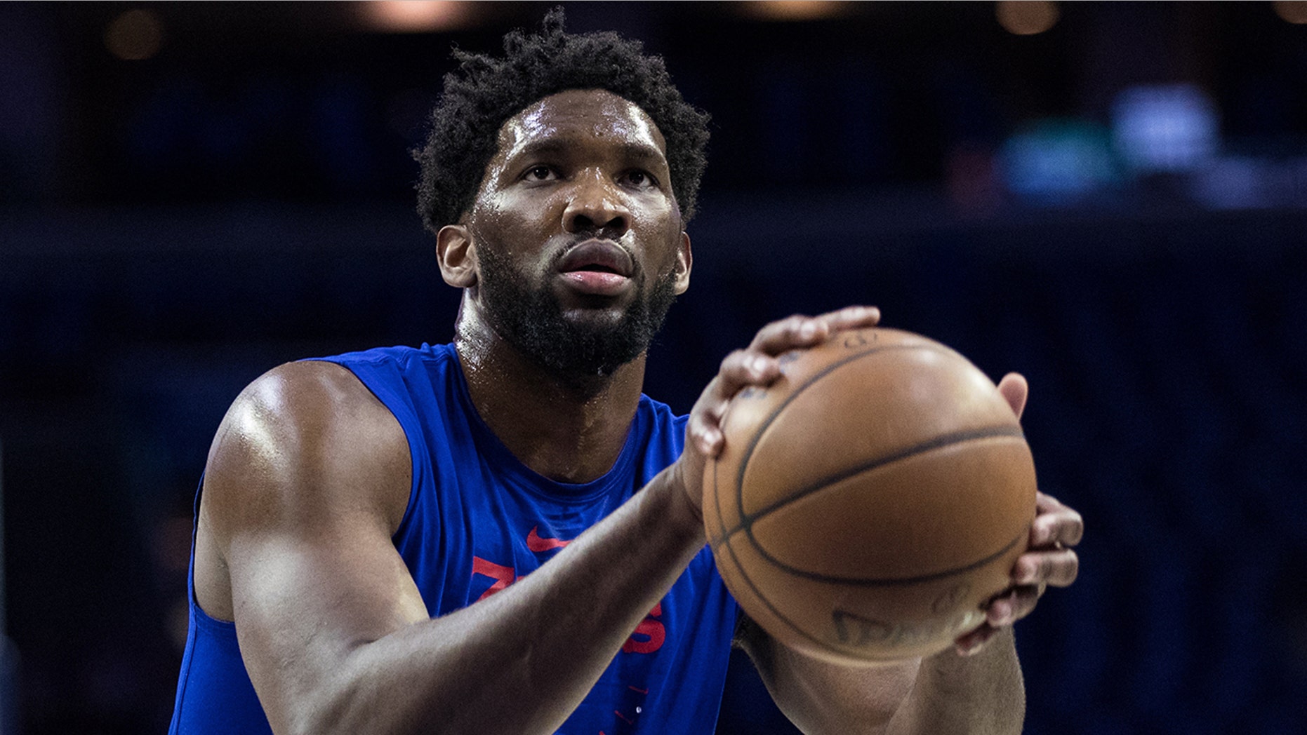 Apr 15, 2019; Philadelphia, PA, USA; Philadelphia 76ers center Joel Embiid (21) warms up before game two of the first round of the 2019 NBA Playoffs against the Brooklyn Nets at Wells Fargo Center.