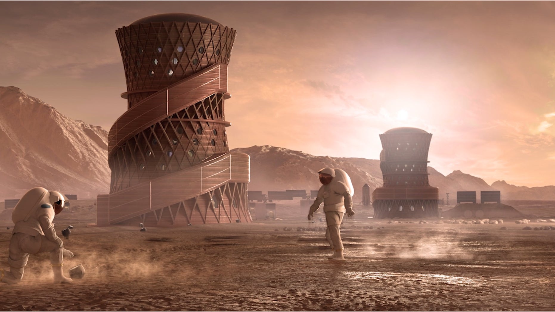 One of the winning teams of a NASA competition to make a full-scale Mars habitat using modeling software, Team SEArch+/Apis Cor, designed this Martian abode, which is built from the upper part of a Hercules Single-Stage Reusable Vehicle.