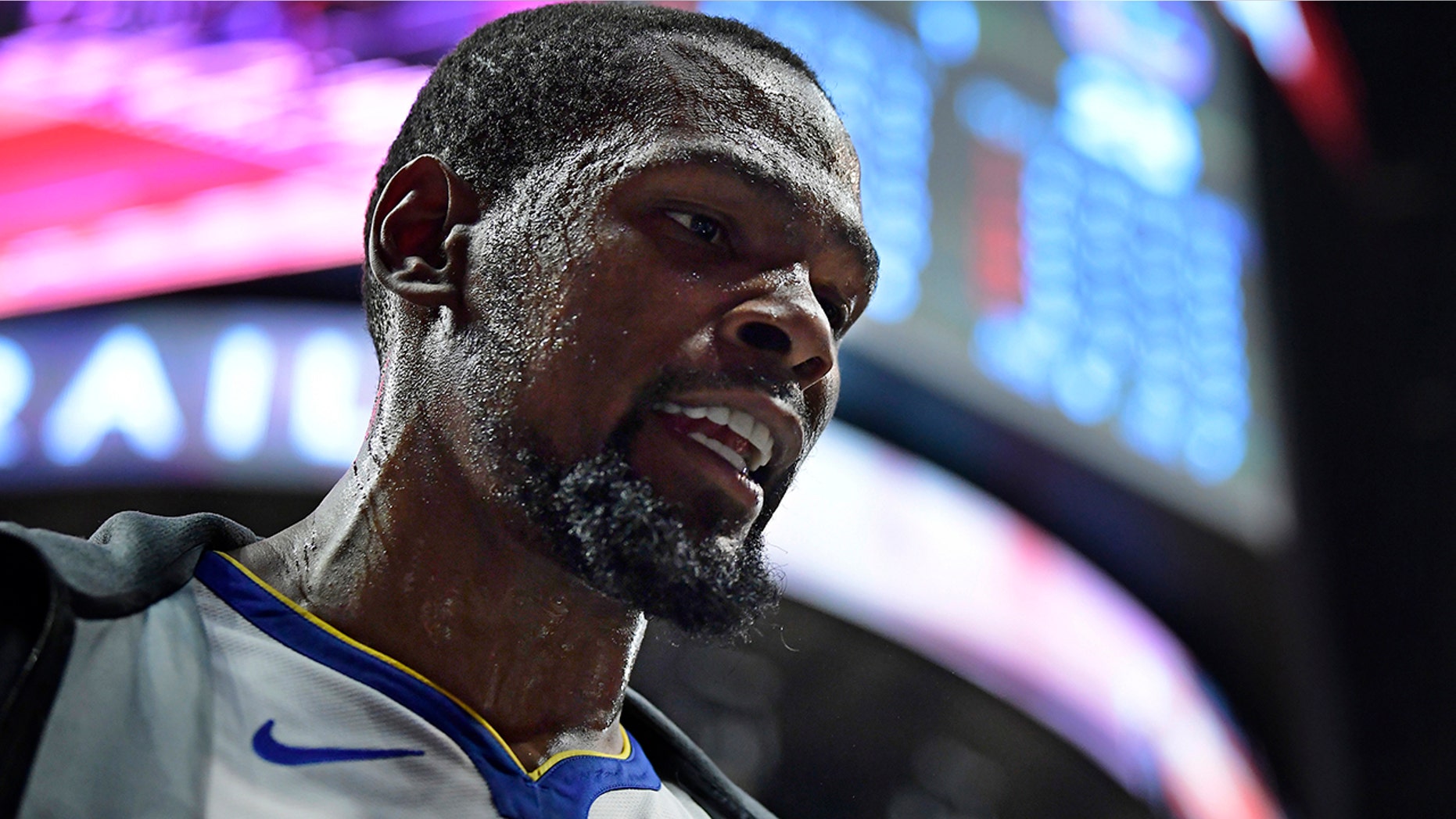 Golden State Warriors forward Kevin Durant paces around the bench during the first half in Game 3 of the team's first-round NBA basketball playoff series against the Los Angeles Clippers on Thursday, April 18, 2019, in Los Angeles. (AP Photo/Mark J. Terrill)