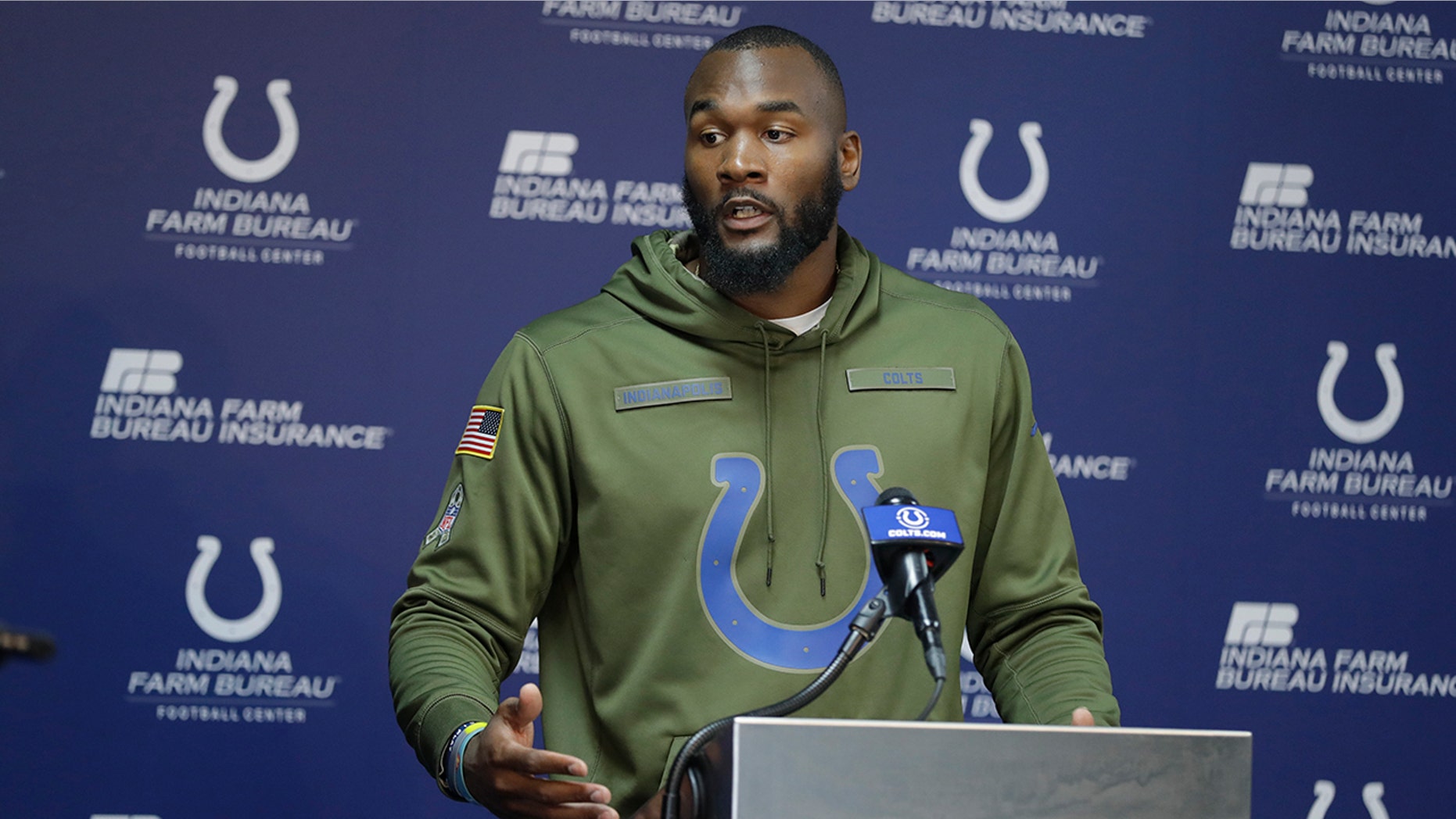Indianapolis Colts' Darius Leonard speaks during a news conference at the NFL football team's facility, Monday, April 15, 2019, in Indianapolis. (AP Photo/Darron Cummings)