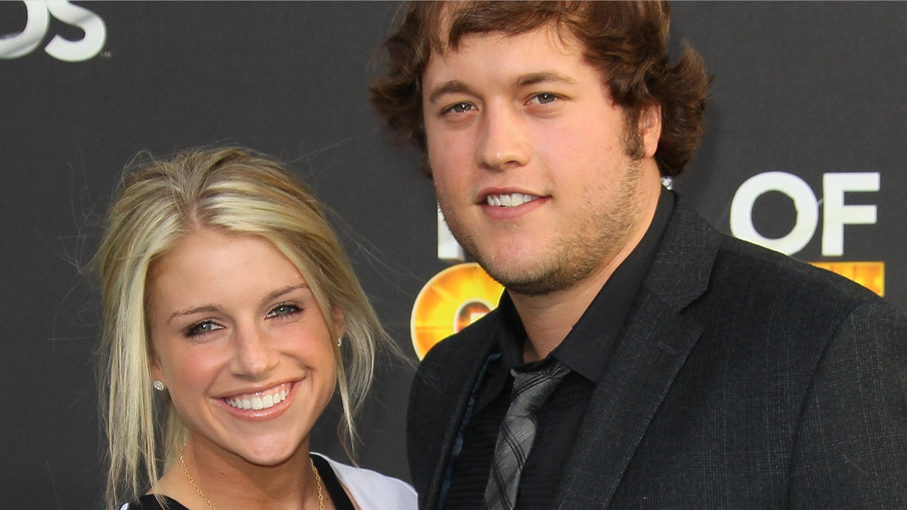 NFL player Matthew Stafford, right, and Kelly Hall attend the 2nd Annual Cartoon Network Hall of Game Awards at Barker Hangar on February 18, 2012 in Santa Monica, California.
