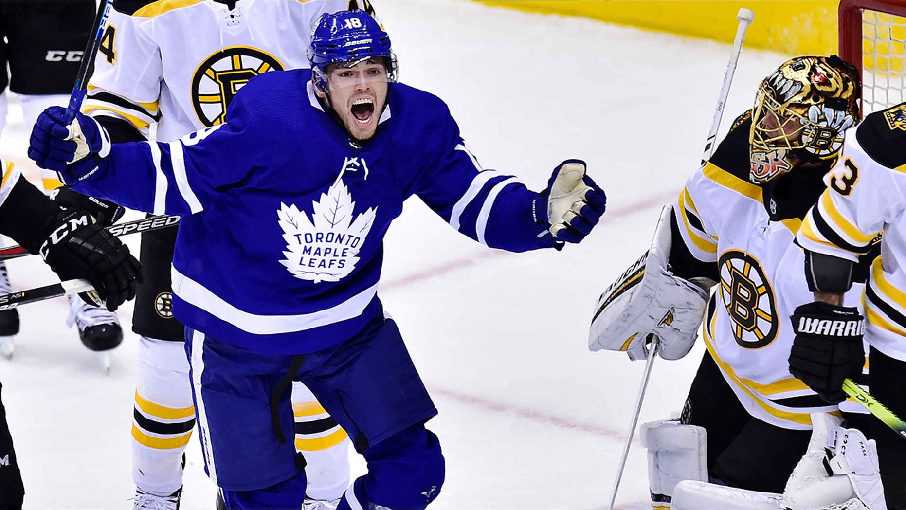 Toronto Maple Leafs left wing Andreas Johnsson (18) celebrates a goal against the Boston Bruins during the second period of an NHL playoff hockey game in Toronto on Monday, April 15, 2019. (Frank Gunn/The Canadian Press via AP)