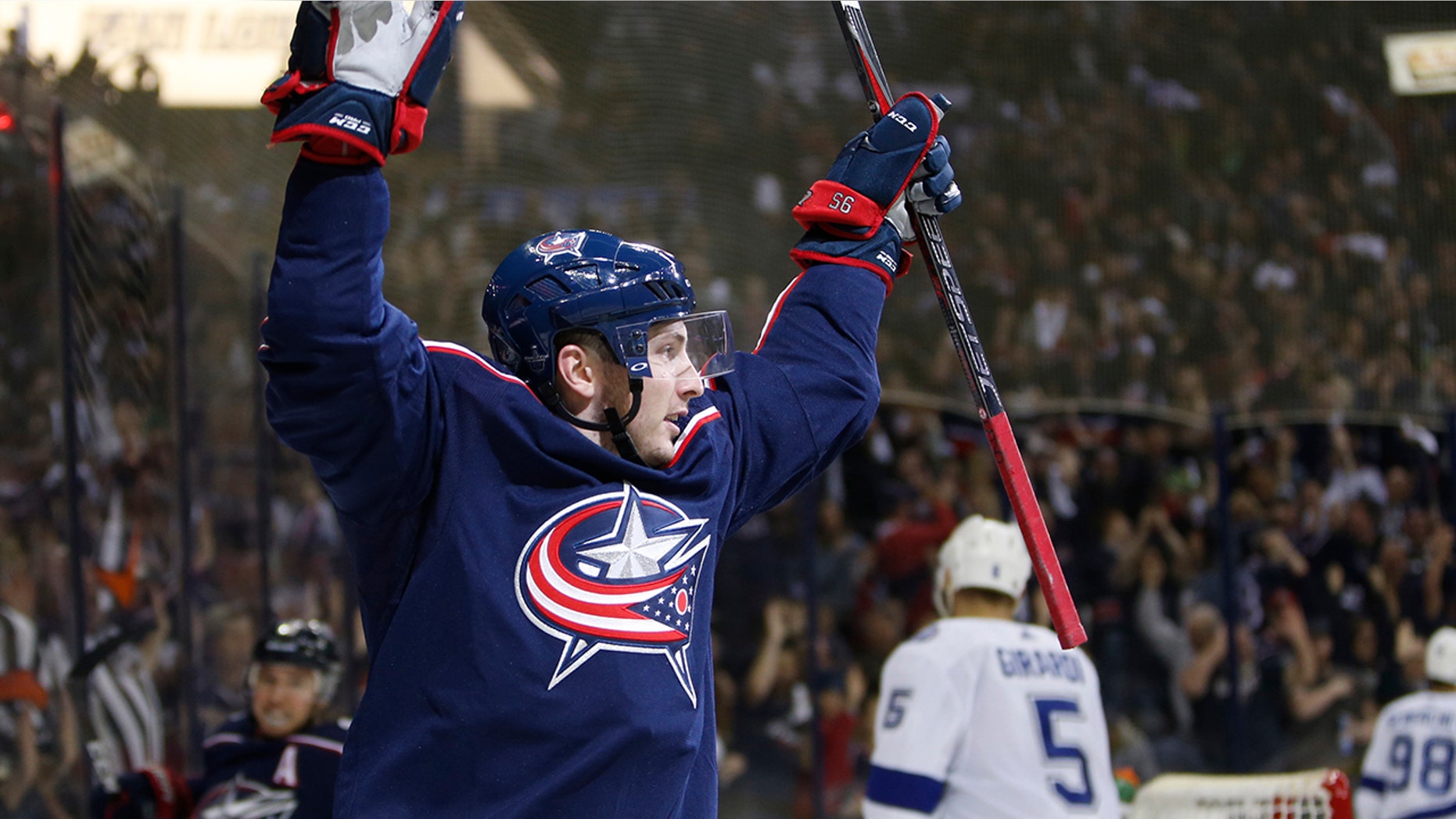 Columbus Blue Jackets' Matt Duchene celebrates his goal against the Tampa Bay Lightning during the second period of Game 3 of an NHL hockey first-round playoff series Sunday, April 14, 2019, in Columbus, Ohio. (AP Photo/Jay LaPrete)