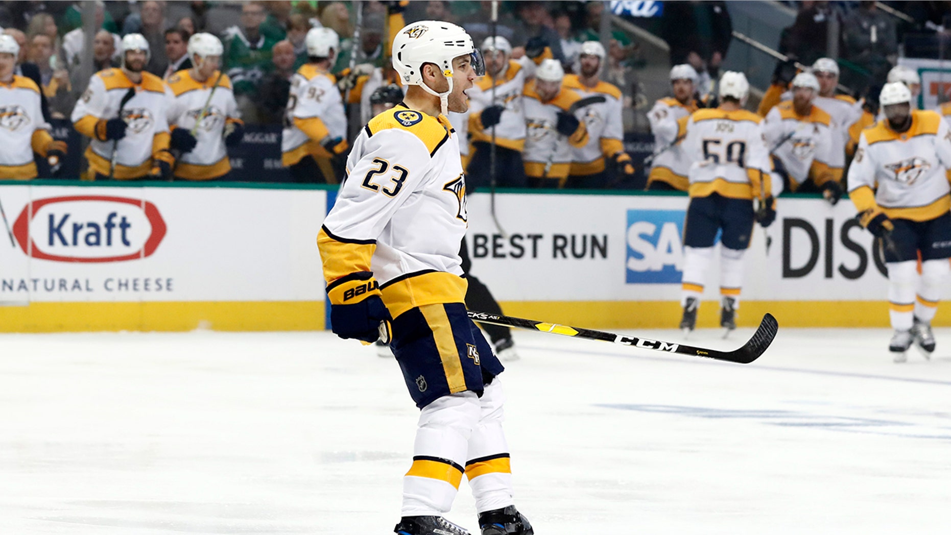 Nashville Predators center Rocco Grimaldi (23) celebrates his goal against the Dallas Stars in the second period of Game 3 in an NHL hockey first-round playoff series in Dallas, Monday, April 15, 2019. (AP Photo/Tony Gutierrez)