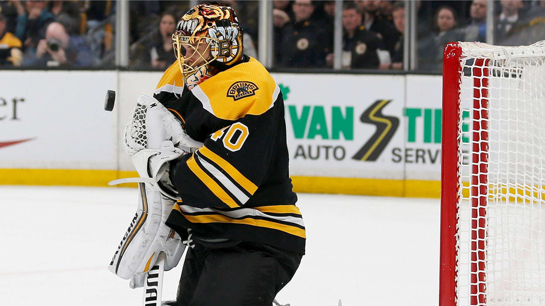 Boston Bruins goaltender Tuukka Rask (40) makes a save off his chest during the first period of Game 2 of an NHL hockey first-round playoff series against the Toronto Maple Leafs, Saturday, April 13, 2019, in Boston. (AP Photo/Mary Schwalm)