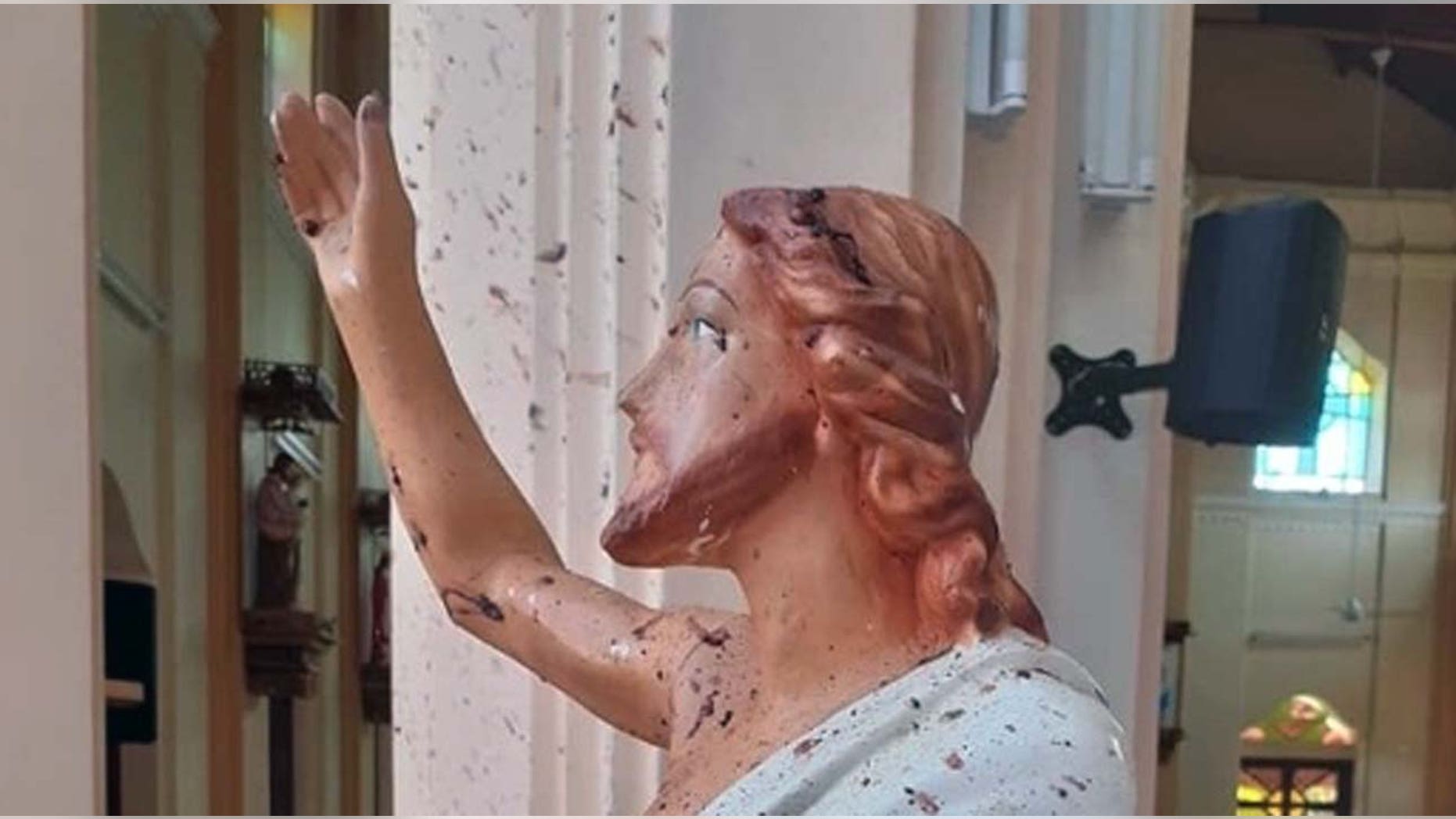 A blood-spattered statue of Jesus from the St. Sebastian church in Sri Lanka, after Islamic militants bombed the church in an Easter Sunday massacre.