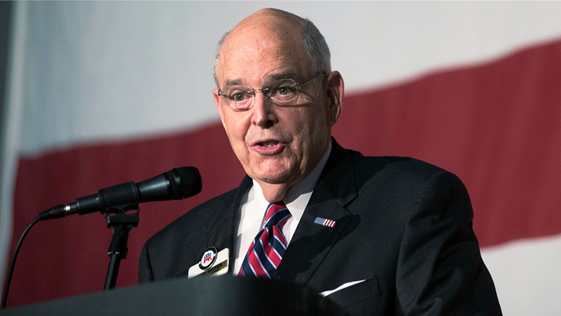 In this June 3, 2017 file photo, North Carolina Republican Party Chairman Robin Hayes speaks during the North Carolina Republican Party State Convention at the Wilmington Convention Center in Wilmington, N.C. (AP Photo/Mike Spencer, File)