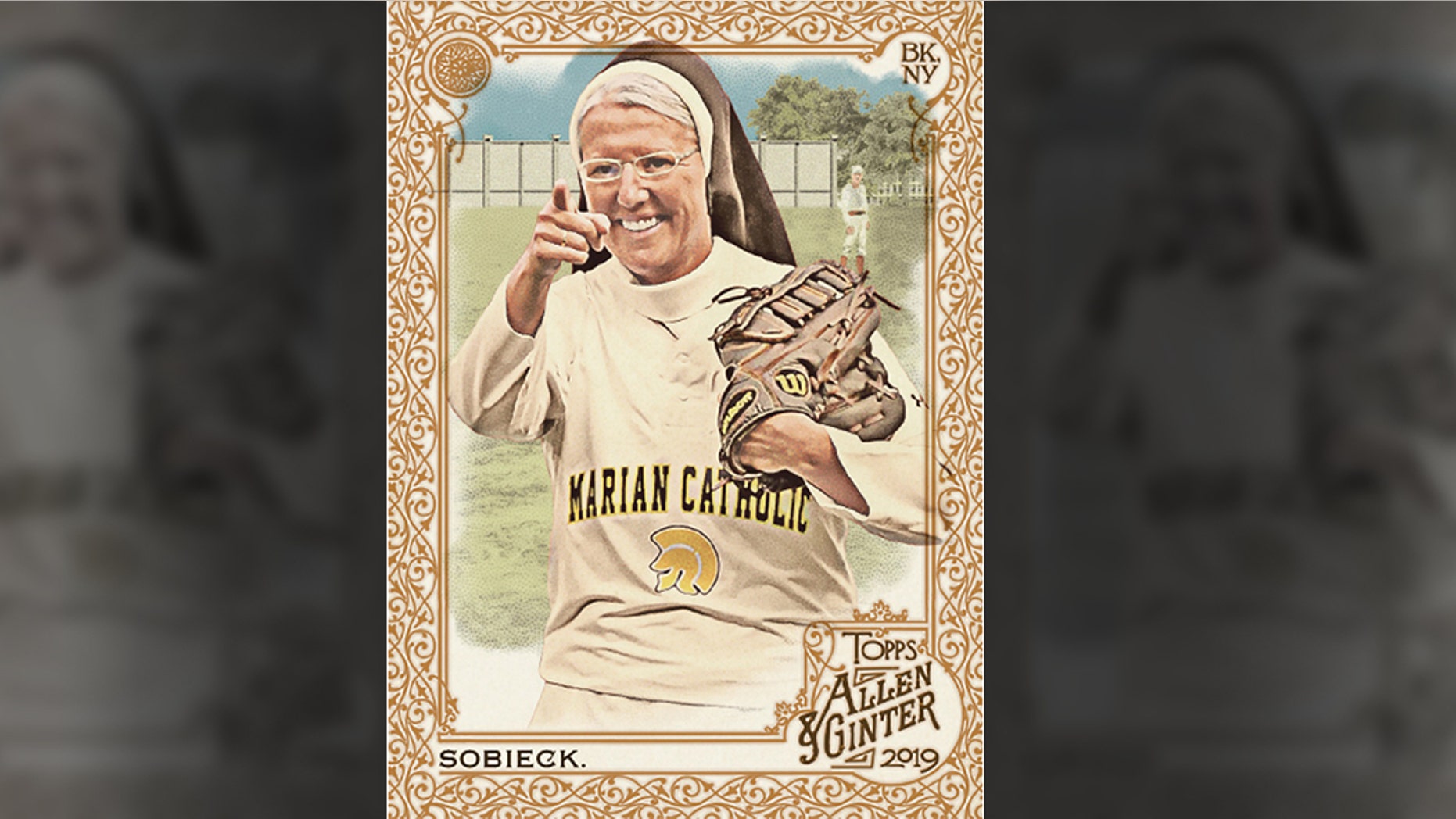Sister Mary Jo Sobieck, a nun who threw a perfect pitch last summer, featured on her very own Topps baseball card.