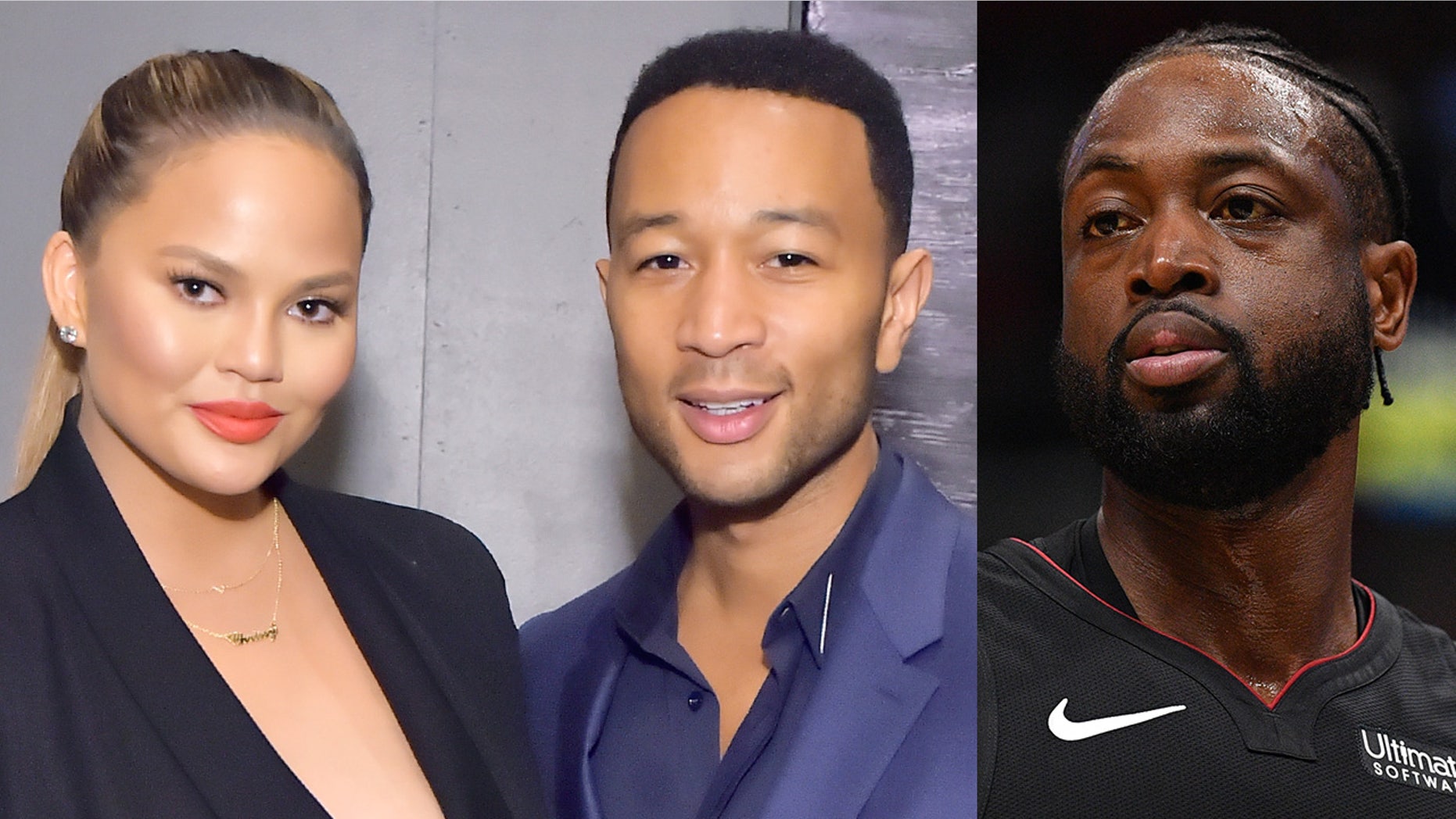 Whoops! Miami Heat player Dwyane Wade accidentally crashed into Chrissy Teigen and her husband John Legend as the pair was sitting courtside at the Tuesday night game in Miami, Fla.