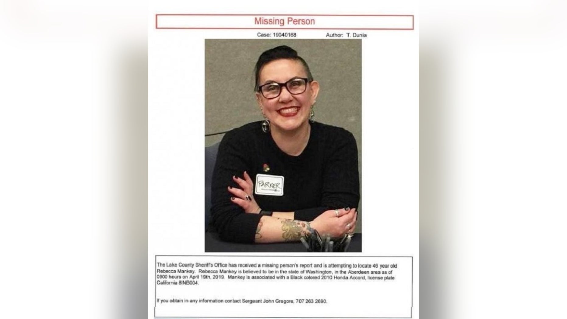Rebecca Parker Mankey was reported missing after leaving Lake County where she was visiting a friend on April 18.