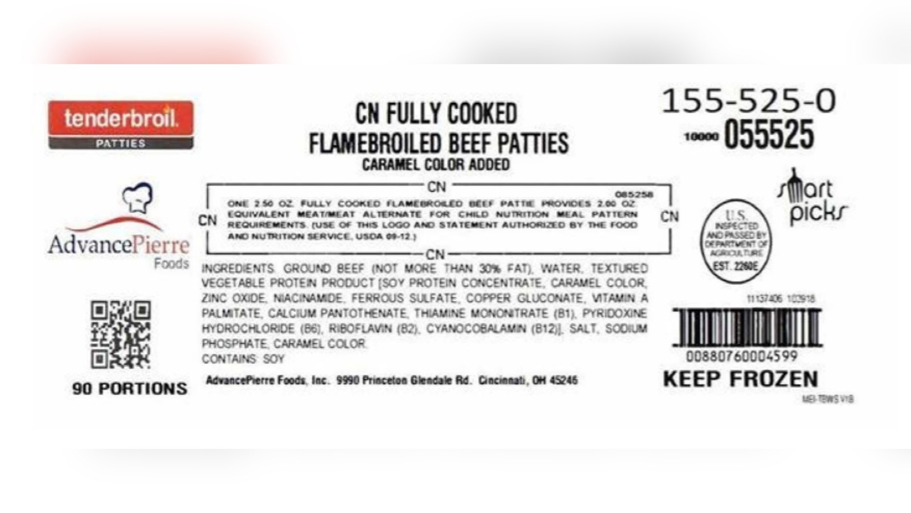 The products, which were produced on Nov. 30, 2018, were shipped to food service locations across the country, including some schools.