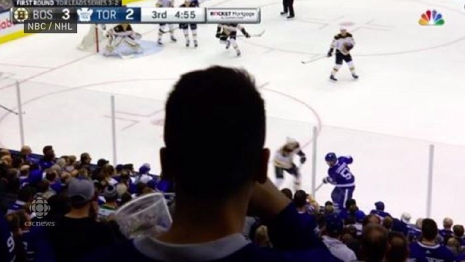 Many American television viewers were upset with a fan who partially blocked a camera's view during an April 21 game between the Boston Bruin and Toronto Maple Leafs.