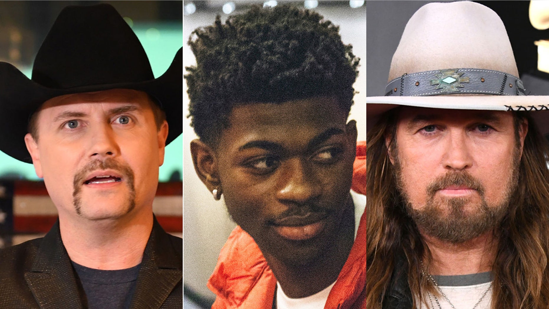 Rapper Lil Nas X, center, enlisted country music crooner Billy Ray Cyrus, right, for a remix of