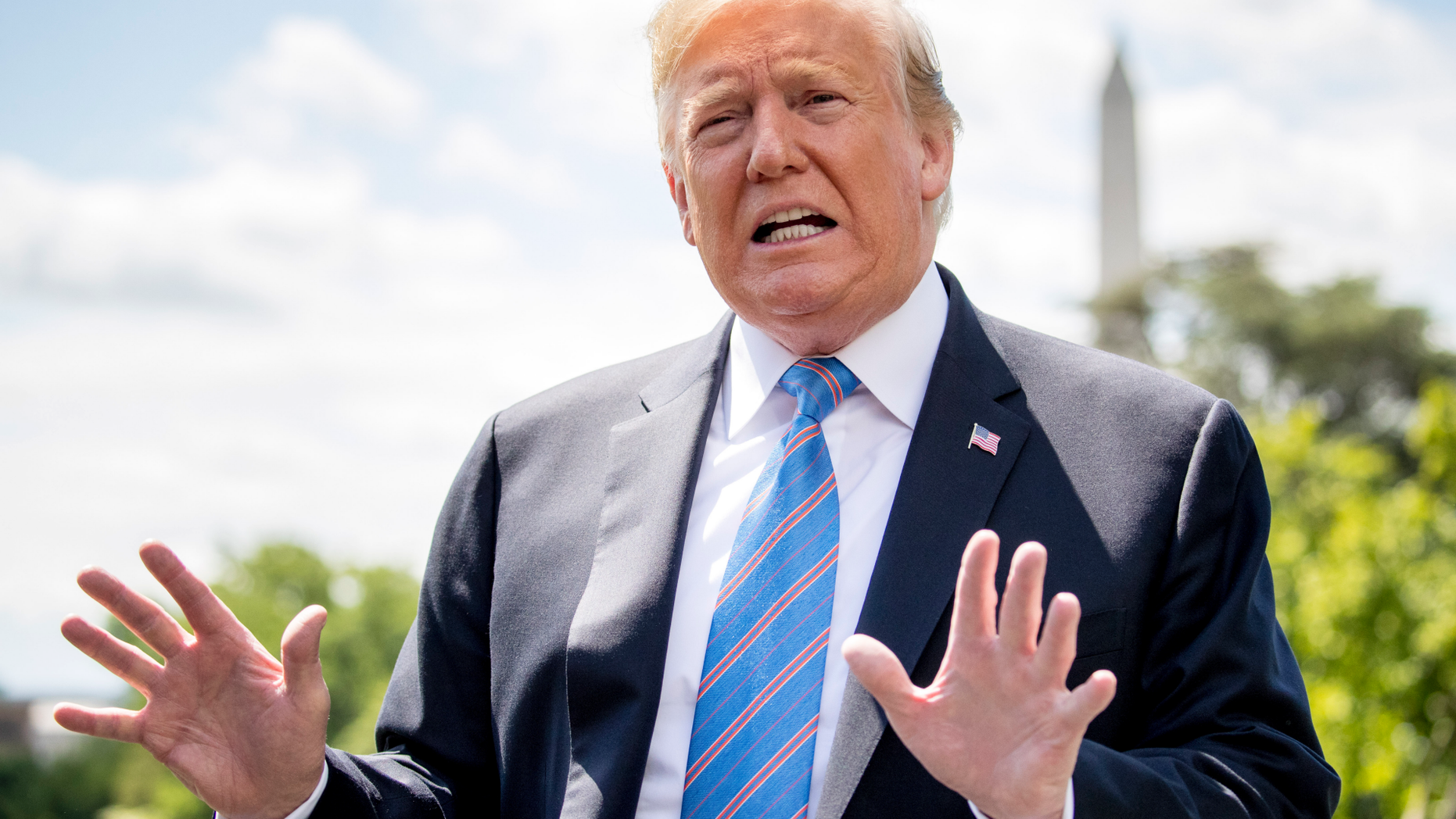 President Donald Trump speaks to members of the media on the South Lawn of the White House in Washington, Tuesday, May 14, 2019, before boarding Marine One for a short trip to Andrews Air Force Base, Md., to travel to Louisiana. (AP Photo/Andrew Harnik)