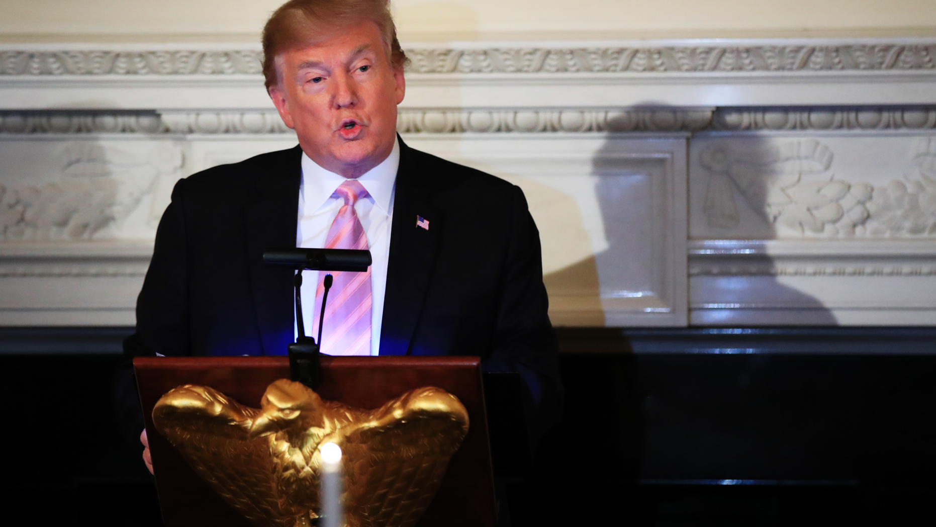 President Donald Trump speaks during a National Day of Prayer dinner gathering in the State Dining Room of the White House in Washington, Wednesday, May 1, 2019. (AP Photo/Manuel Balce Ceneta)