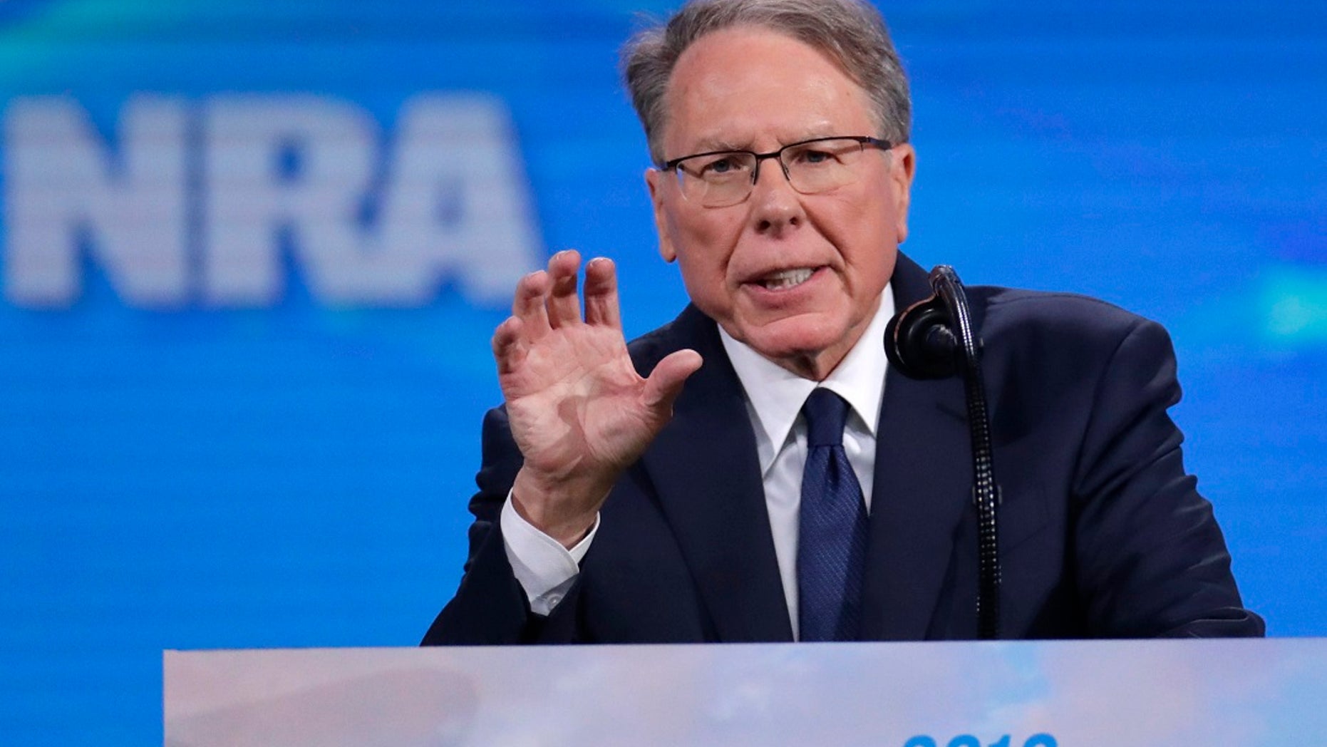 Nation Rifle Association Executive Vice President Wayne LaPierre speaks at the National Rifle Association Institute for Legislative Action Leadership Forum in Lucas Oil Stadium in Indianapolis. (AP Photo/Michael Conroy)