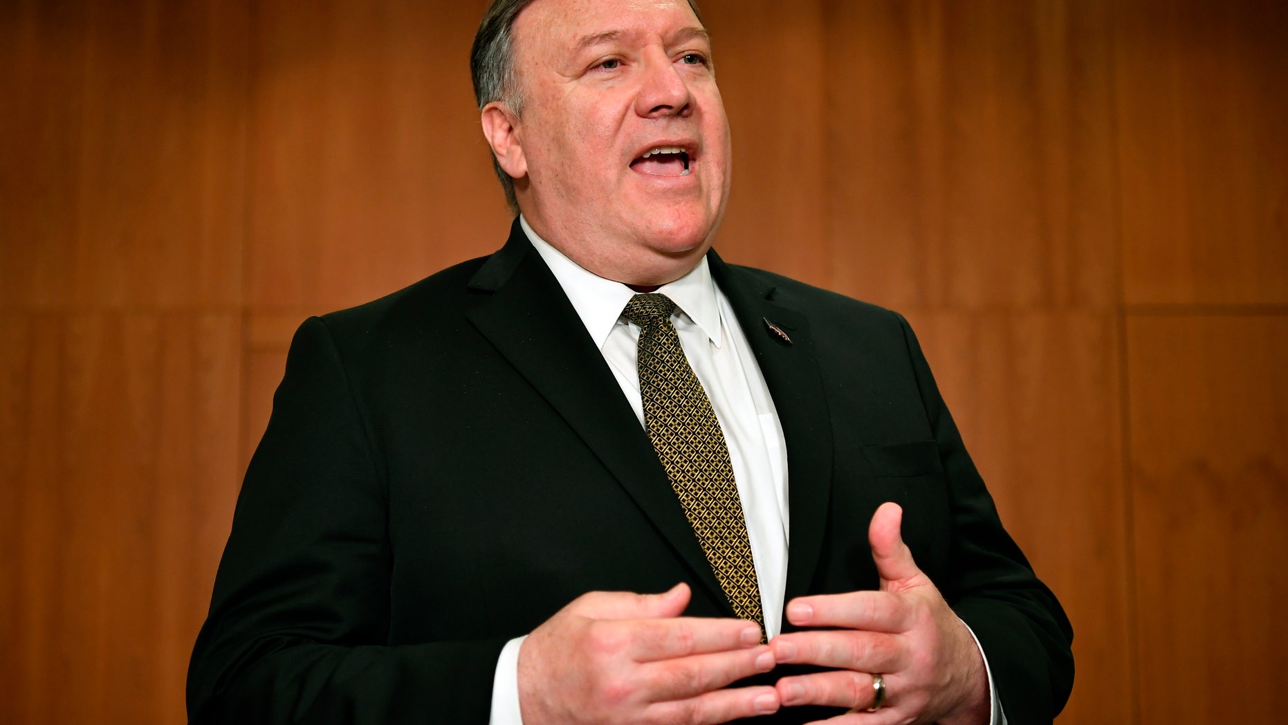 Secretary of State Mike Pompeo talks to the media on the sidelines of the Arctic Council ministers' working dinner at the Arktikum museum in Rovaniemi, Finland, Monday, May 6, 2019.