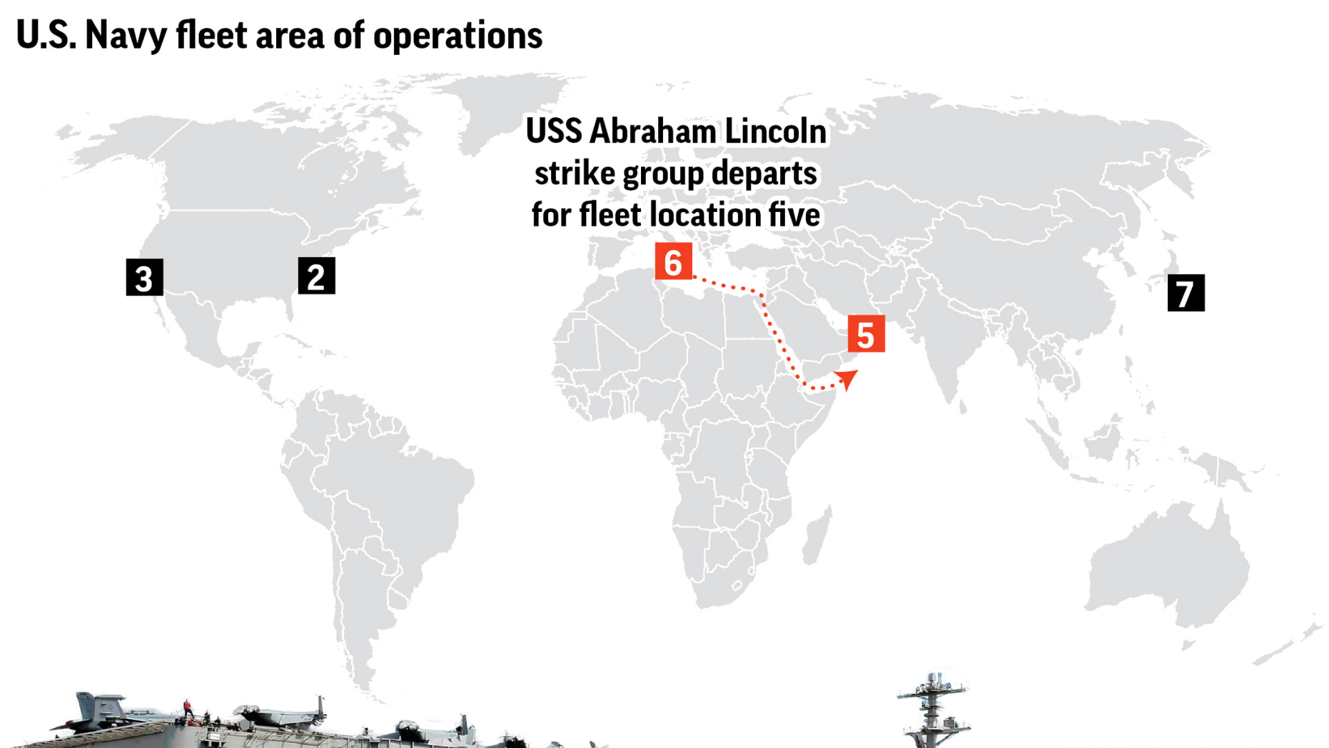 Graphic locates the US Navy's fleet area of operations and shows the path the US strike group moving into position in the Persian Gulf; 3c x 4 3/4 inches; 146 mm x 120 mm;