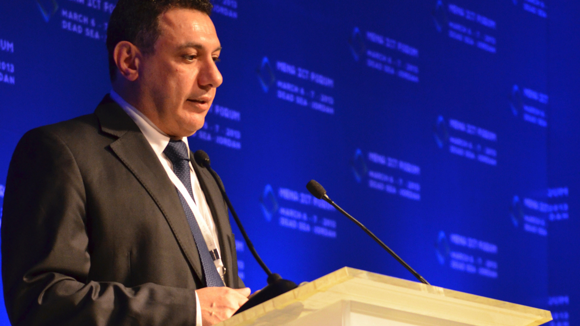 FILE - This March 6, 2013, file image provided by the Friends of Nizar Zakka, shows Nizar Zakka, a Lebanese technology expert and advocate for Internet freedom, delivering a speech during the MENA ICT Forum conference in Jordan. Lebanon is calling on Iran to use the upcoming holy month of Ramadan to grant an amnesty to the Lebanese citizen who also has U.S. residency imprisoned there for more than three years. (Courtesy of Friends of Nizar Zakka group via AP, File)