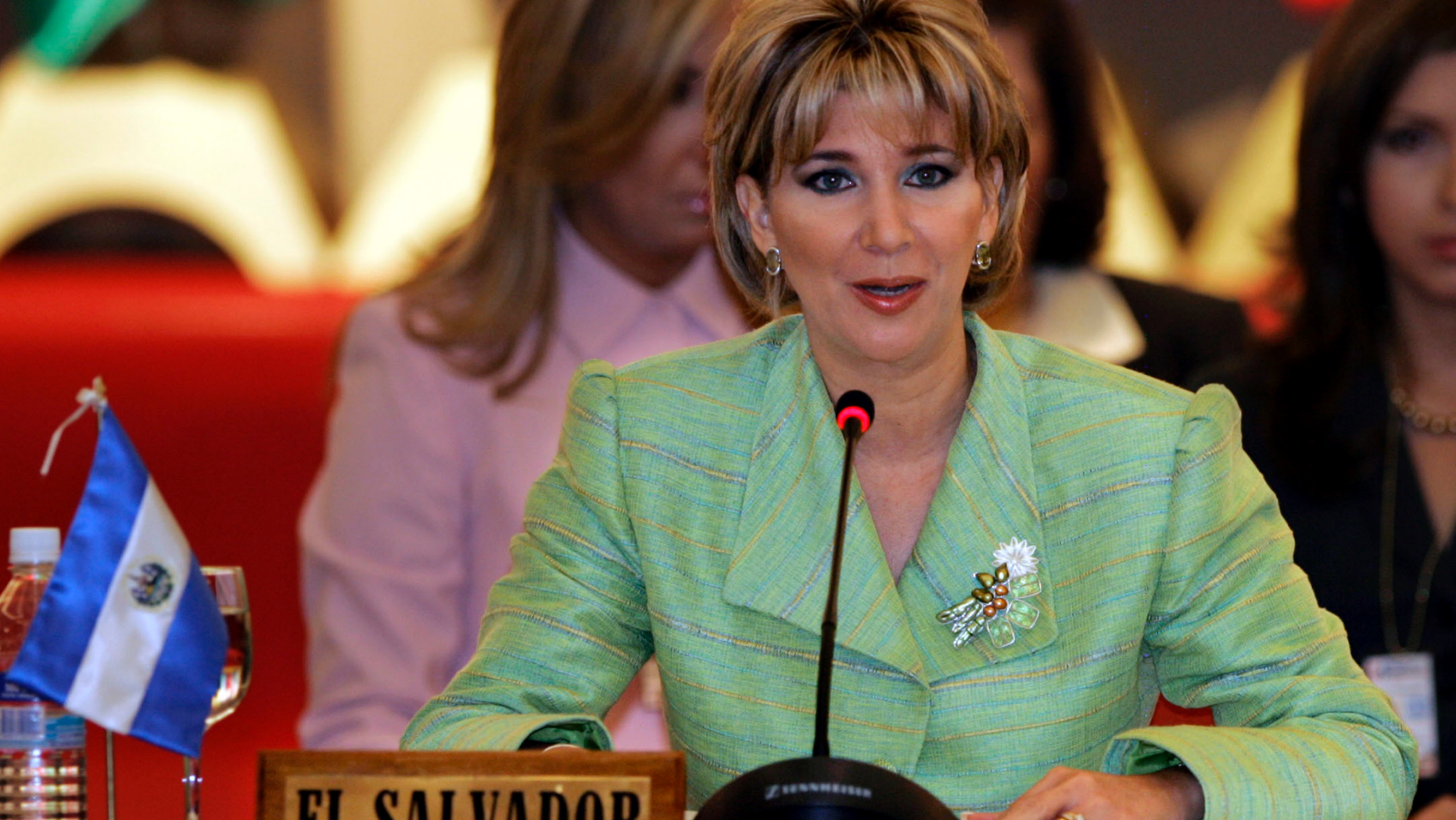 FILE - In this Sept. 29, 2005, file photo, El Salvador's First Lady Ana Ligia Mixco de Saca attends a session of XIII First Ladies Conference in Asuncion. The former first lady who had confessed her responsibility in the laundering of 25 million dollars taken from public funds, retracted her confession when prosecutors demanded on Monday, May 13, 2019, that she return 17.3 million dollars of the missing money. (AP Photo/Jorge Saenz, File)