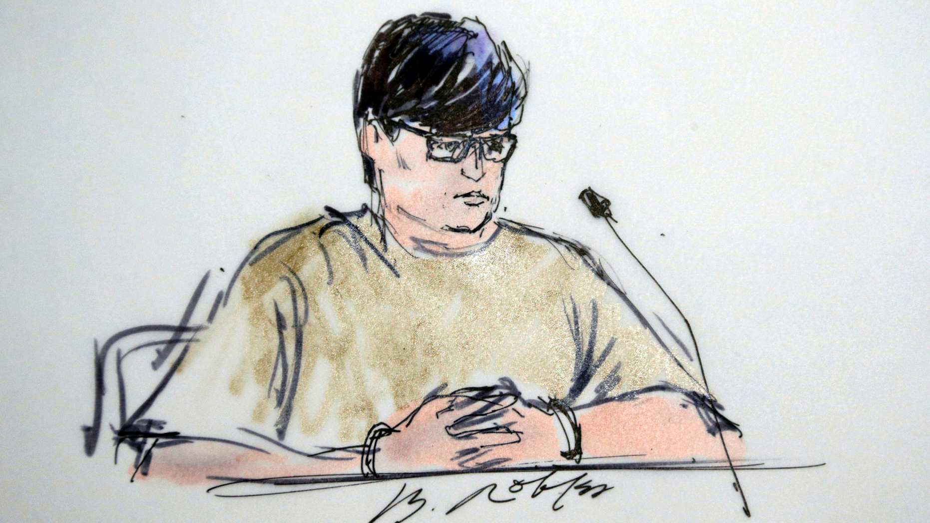 FILE - In this Dec. 17, 2015, courtroom sketch, Enrique Marquez appears in federal court in Riverside, Calif. The man accused of buying the rifles a husband and wife used to kill 14 people in the San Bernardino terrorist attack in 2015 will ask to withdraw his guilty plea. Enrique Marquez's lawyer submitted papers Wednesday, May 22, 2019 saying his client will file a motion under seal to withdraw a 2017 guilty plea to providing material support to terrorists. Prosecutors are expected to challenge the request. (Bill Robles via AP, File)