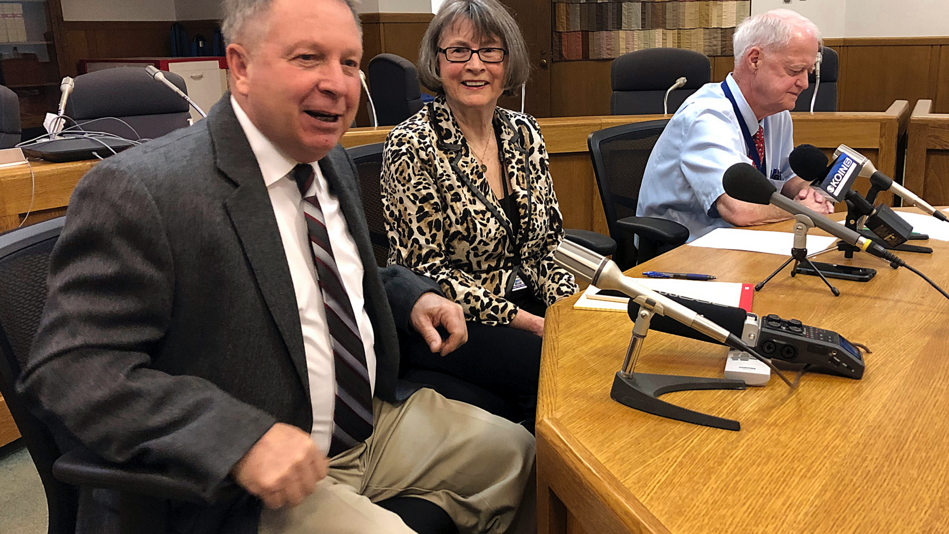 FILE - In this Jan. 18, 2019 file photo, Oregon Senate Republican Leader Herman Baertschiger, Jr., left, Senate Democratic Leader Ginny Burdick and Senate President Peter Courtney speak to the media at the State Capitol in Salem, Ore. Baertschiger told reporters Monday, May 6, 2019 that Senate Republicans in Oregon have fled Salem to avoid a Tuesday vote on a $1 billion per-year funding package for schools. They oppose the proposed half a percent tax on businesses with sales over $1 million. (AP Photo/Andrew Selsky, File)