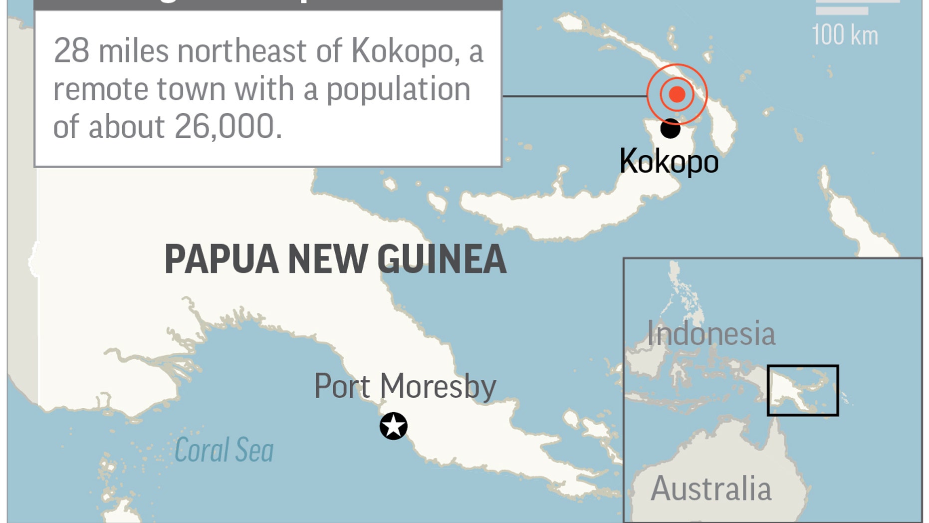 Map locates magnitude-7.5 quake in Papua New Guinea; 2c x 2 1/4 inches; 96.3 mm x 57 mm;