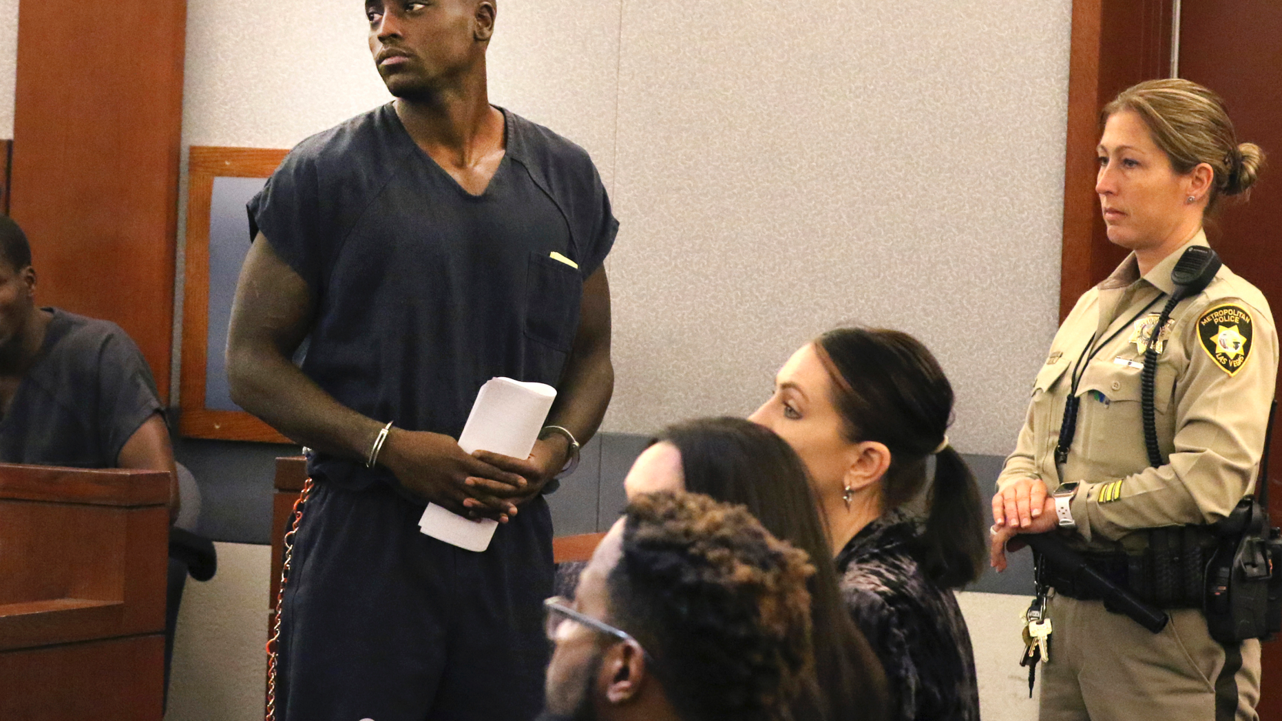 Former NFL player Cierre Wood, who along with his girlfriend is charged with first-degree murder in the death of her 5-year-old daughter, La'Rayah Patra Nicole Lamont Davis, appears in court at the Regional Justice Center on Wednesday, May 22, 2019, in Las Vegas. (Bizuayehu Tesfaye/Las Vegas Review-Journal via AP)