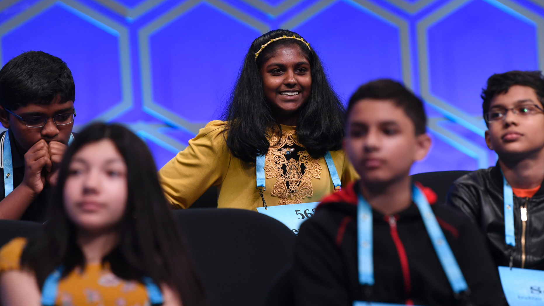Hephzibah Sujoe, 13, of Fort Worth, Texas, reacts after spelling her word correctly as she competes in the finals of the Scripps National Spelling Bee in Oxon Hill, Md., Thursday, May 30, 2019. (AP Photo/Susan Walsh)